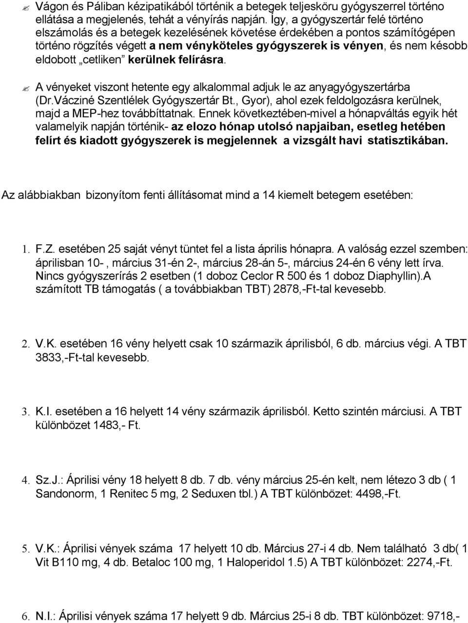cetliken kerülnek felírásra. A vényeket viszont hetente egy alkalommal adjuk le az anyagyógyszertárba (Dr.Vácziné Szentlélek Gyógyszertár Bt.