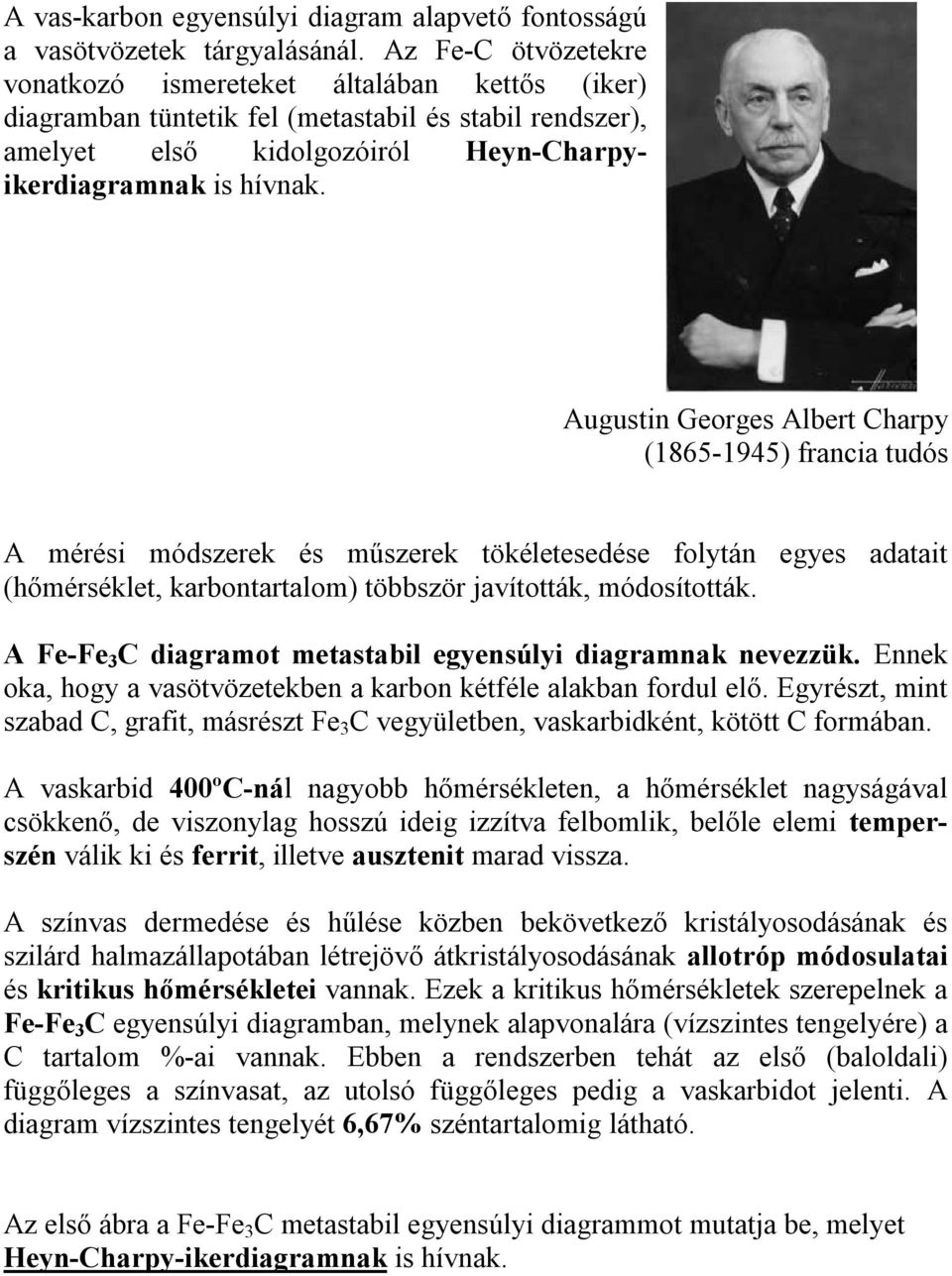 Augustin Georges Albert Charpy (1865-1945) francia tudós A mérési módszerek és műszerek tökéletesedése folytán egyes adatait (hőmérséklet, karbontartalom) többször javították, módosították.