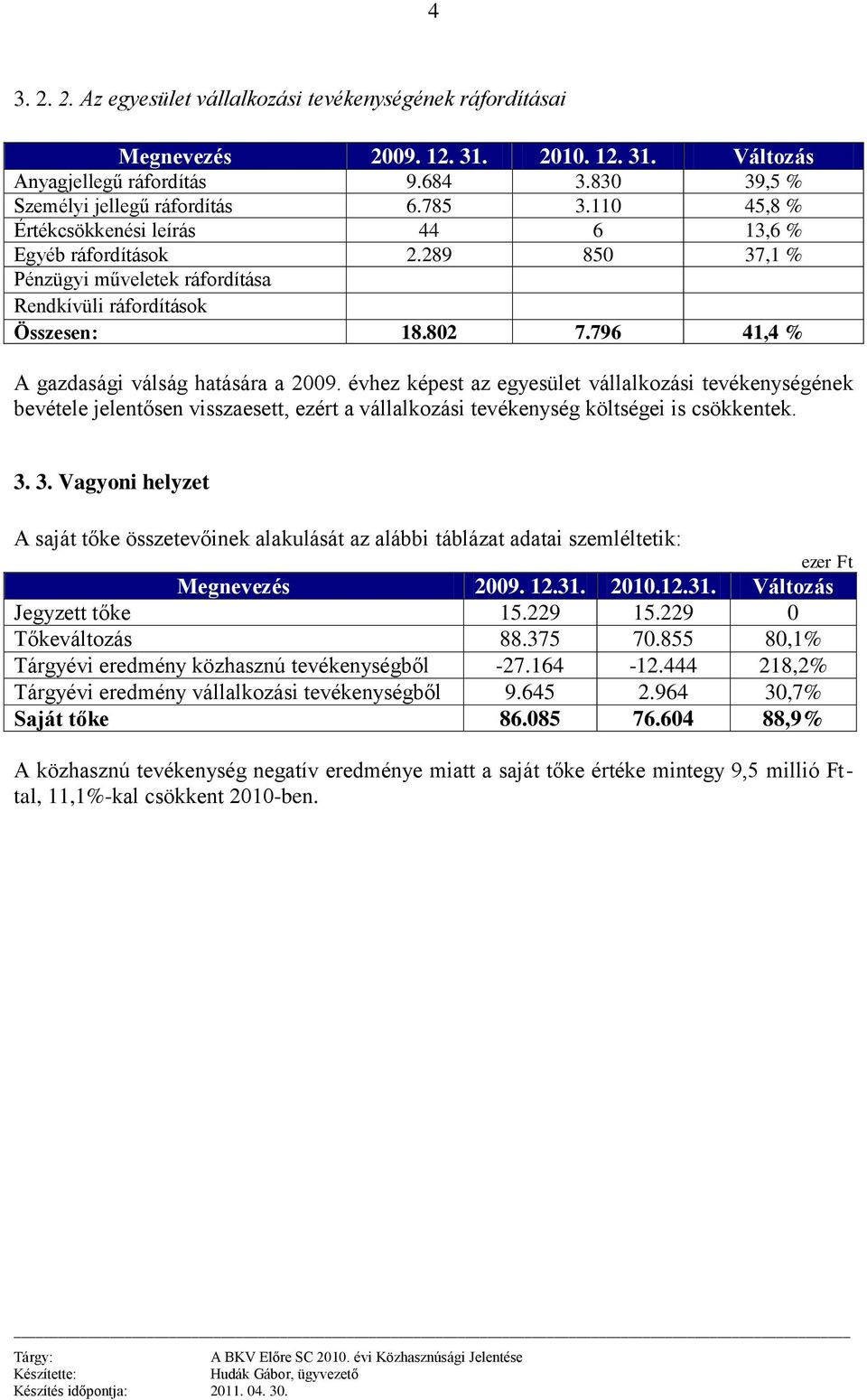 796 41,4 % A gazdasági válság hatására a 2009. évhez képest az egyesület vállalkozási tevékenységének bevétele jelentősen visszaesett, ezért a vállalkozási tevékenység költségei is csökkentek. 3.