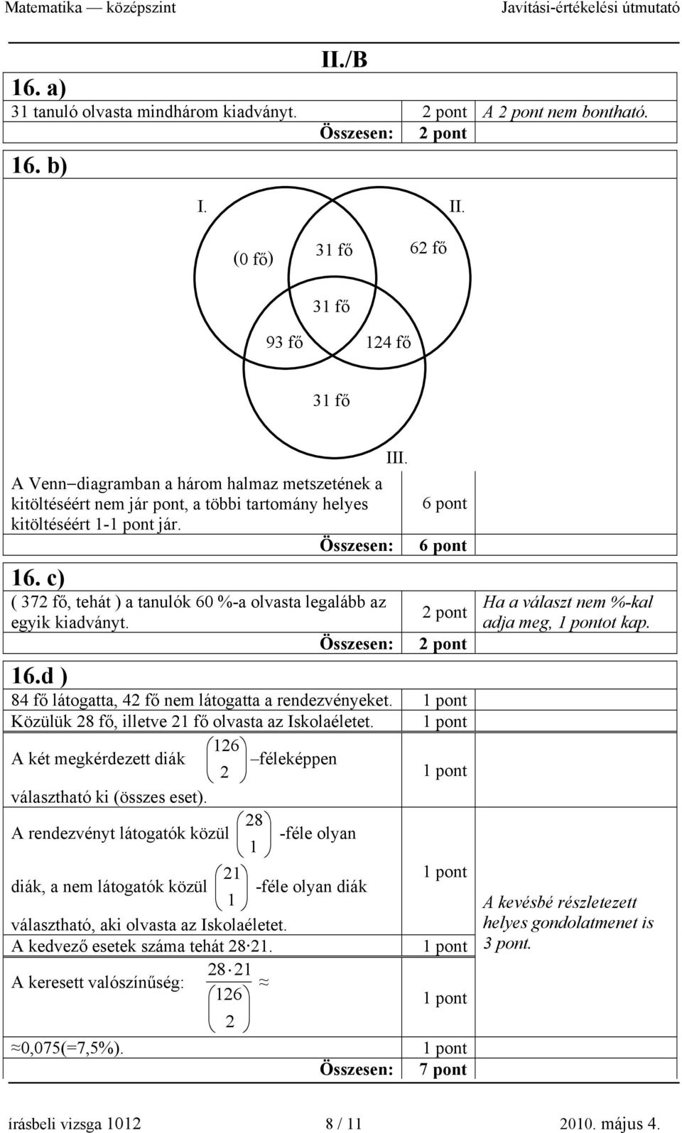 c) ( 7 fő, tehát ) a tanulók 60 %-a olvasta legalább az egyik kiadványt. 16.d ) 84 fő látogatta, 4 fő nem látogatta a rendezvényeket. Közülük 8 fő, illetve 1 fő olvasta az Iskolaéletet.