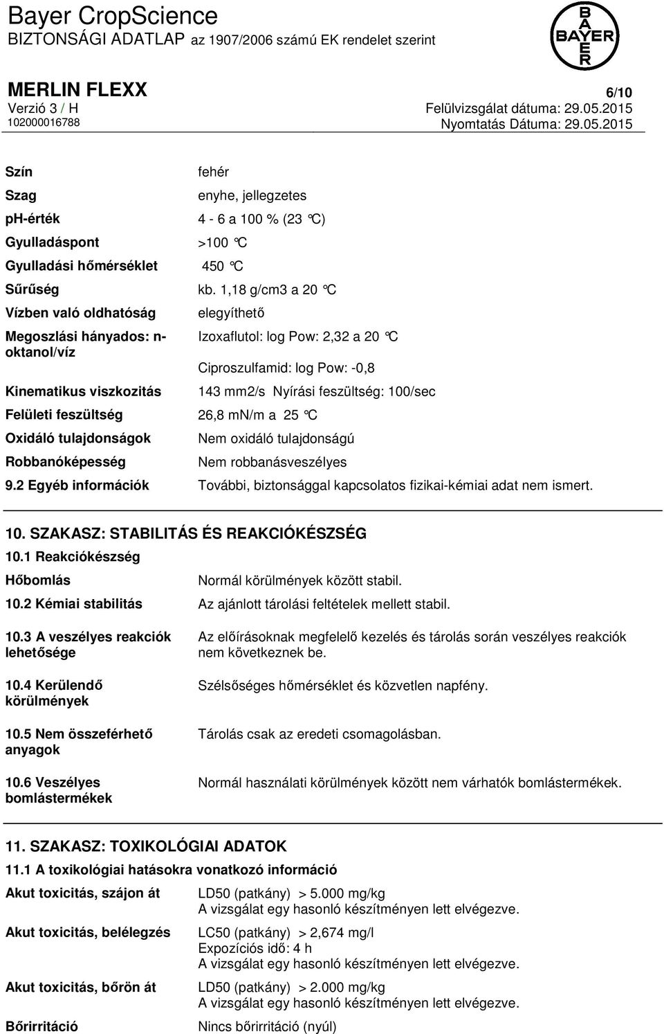 26,8 mn/m a 25 C Oxidáló tulajdonságok Robbanóképesség 143 mm2/s Nyírási feszültség: 100/sec Nem oxidáló tulajdonságú Nem robbanásveszélyes 9.