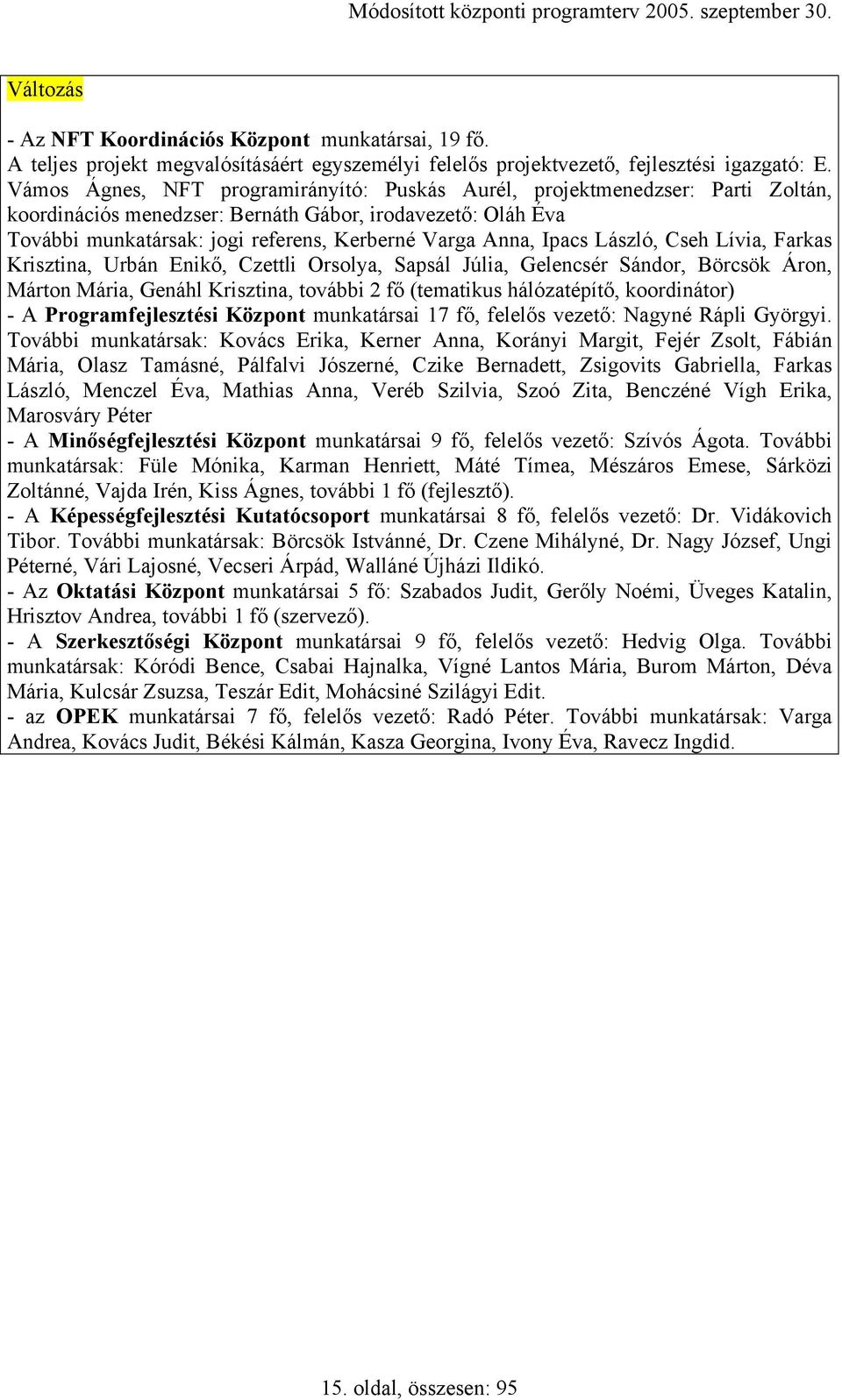 Ipacs László, Cseh Lívia, Farkas Krisztina, Urbán Enikő, Czettli Orsolya, Sapsál Júlia, Gelencsér Sándor, Börcsök Áron, Márton Mária, Genáhl Krisztina, további 2 fő (tematikus hálózatépítő,