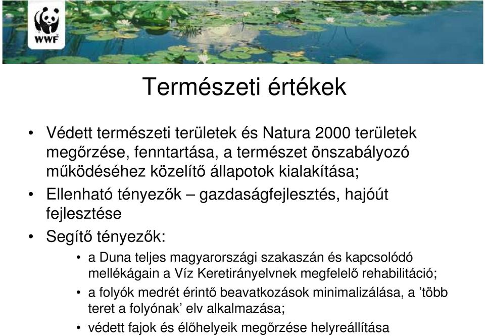 Duna teljes magyarországi szakaszán és kapcsolódó mellékágain a Víz Keretirányelvnek megfelelı rehabilitáció; a folyók