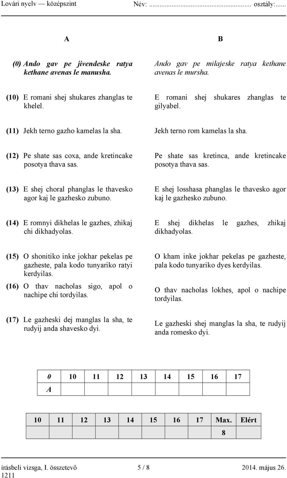 Pe shate sas kretinca, ande kretincake posotya thava sas. (13) E shej choral phanglas le thavesko agor kaj le gazhesko zubuno. E shej losshasa phanglas le thavesko agor kaj le gazhesko zubuno.