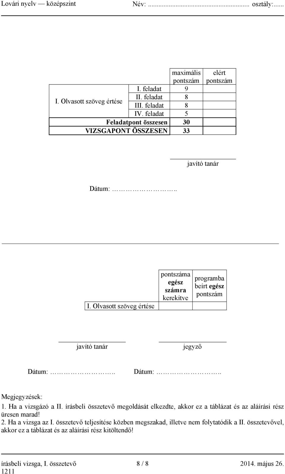Olvasott szöveg értése pontszáma egész számra kerekítve programba beírt egész pontszám javító tanár jegyző Dátum:.. Dátum:.. Megjegyzések: 1. Ha a vizsgázó a II.