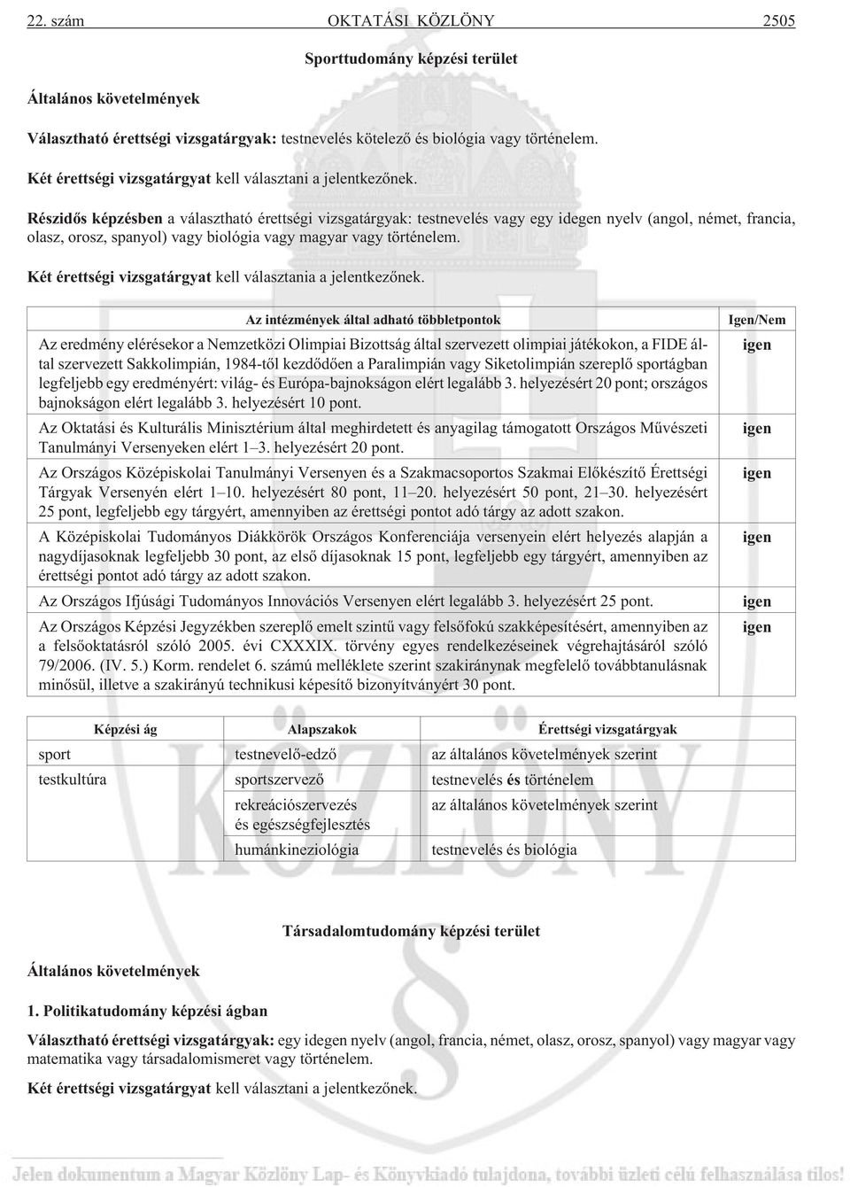 Részidõs képzésben a választható érettségi vizsgatárgyak: testnevelés vagy egy idegen nyelv (angol, német, francia, olasz, orosz, spanyol) vagy biológia vagy magyar vagy történelem.