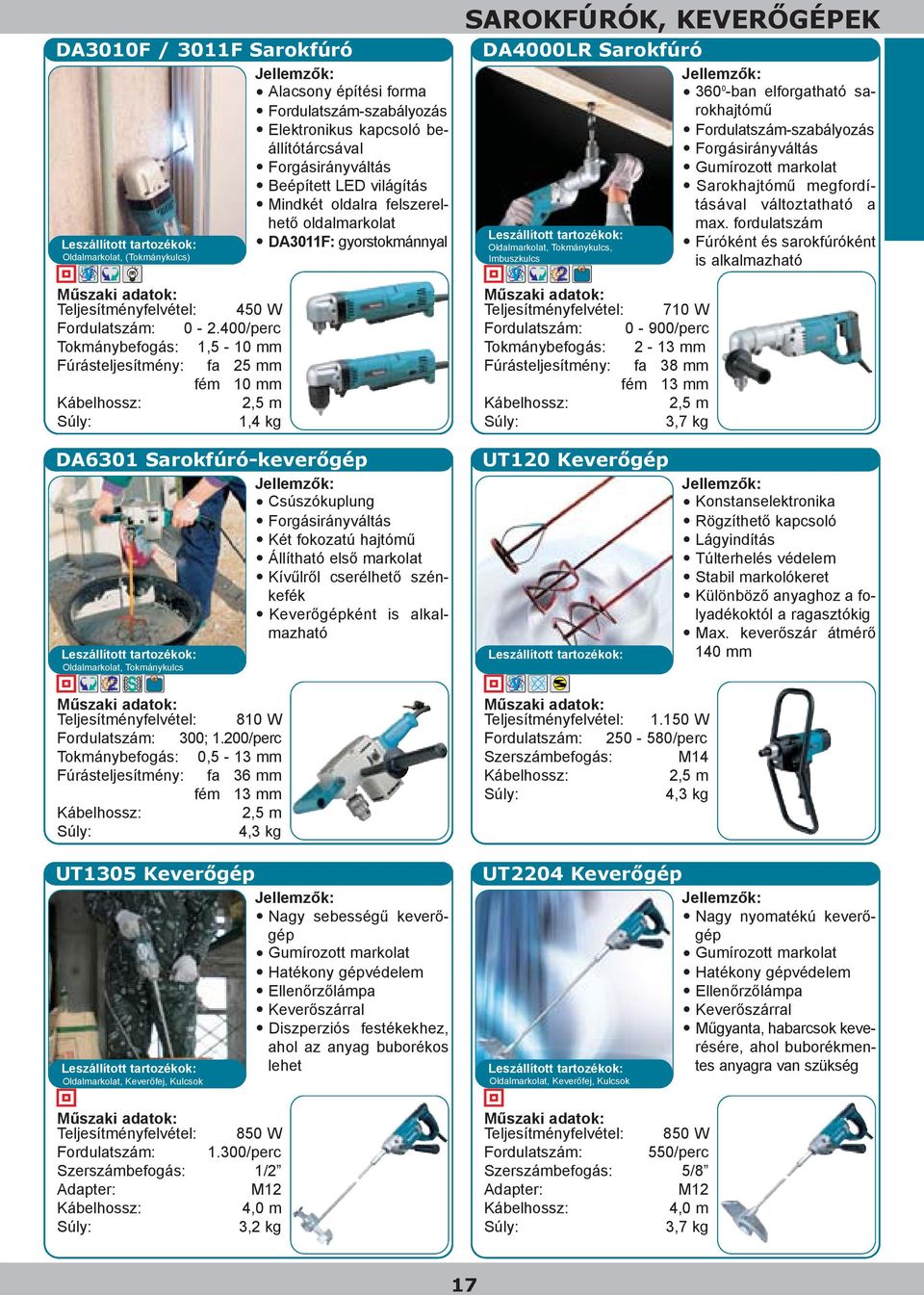 400/perc Tokmánybefogás: 1,5-10 mm Fúrásteljesítmény: fa 25 mm fém 10 mm 1,4 kg SAROKFÚRÓK, KEVERÕGÉPEK DA4000LR Sarokfúró 360 0 -ban elforgatható sarokhajtómû Sarokhajtómû megfordításával