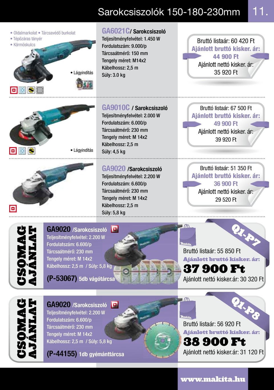 000/p Tárcsaátmérő: 230 mm Tengely méret: M 14x2 Súly: 4,5 kg listaár: 67 500 Ft 49 900 Ft 39 920 Ft GA9020 /Sarokcsiszoló Teljesítményfelvétel: 2.200 W Fordulatszám: 6.