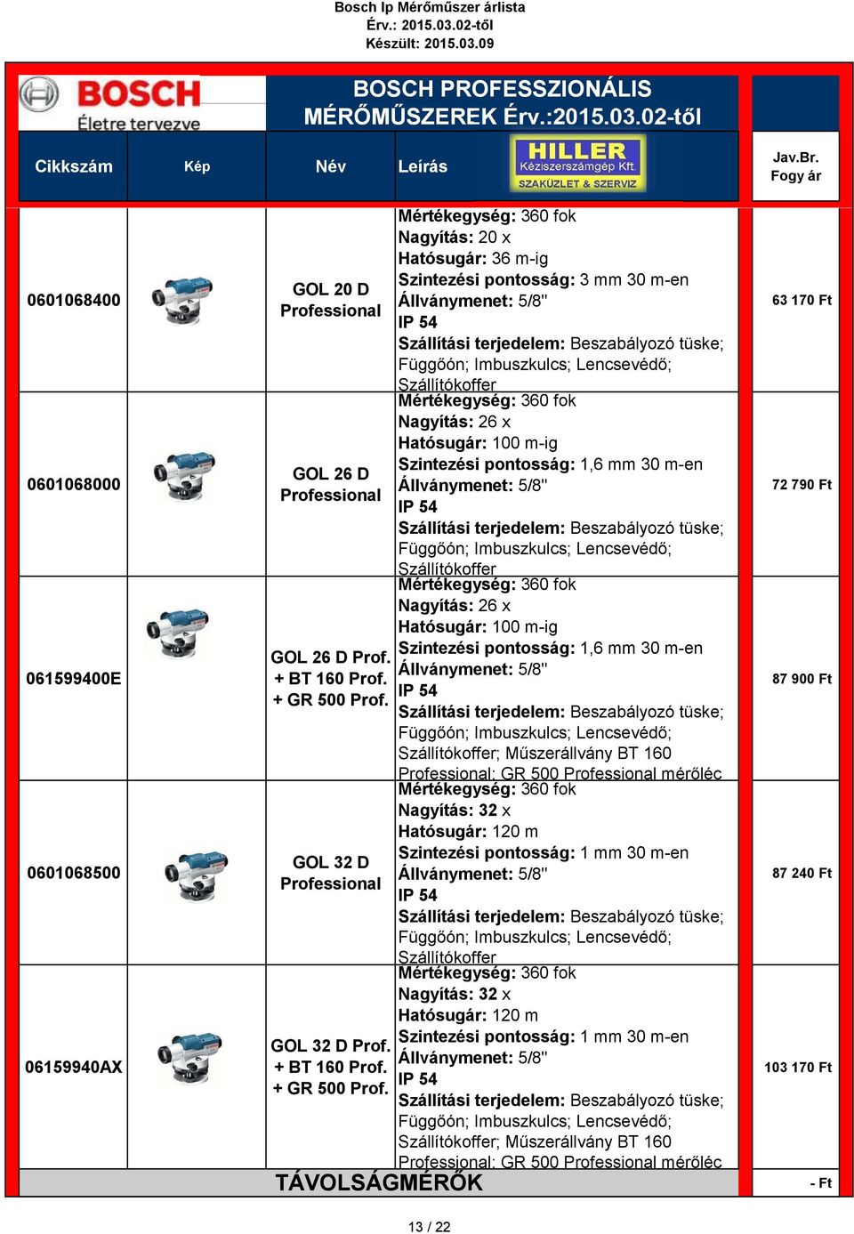 Hatósugár: 100 m-ig Szintezési pontosság: 1,6 mm 30 m-en Állványmenet: 5/8" Szállítási terjedelem: Beszabályozó tüske; Függőón; Imbuszkulcs; Lencsevédő; Szállítókoffer Mértékegység: 360 fok Nagyítás: