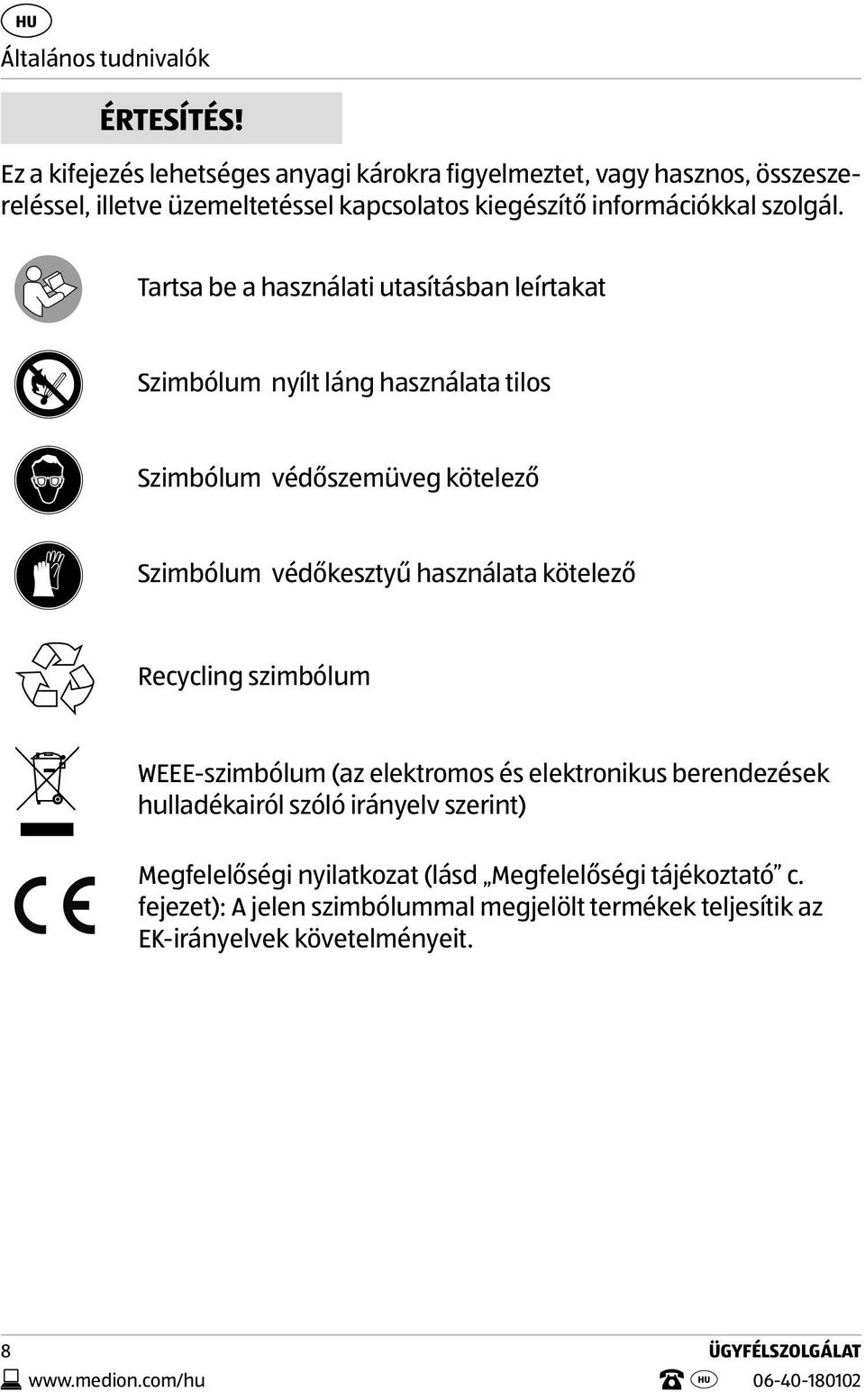 Tartsa be a használati utasításban leírtakat Szimbólum nyílt láng használata tilos Szimbólum védőszemüveg kötelező Szimbólum védőkesztyű használata kötelező Recycling
