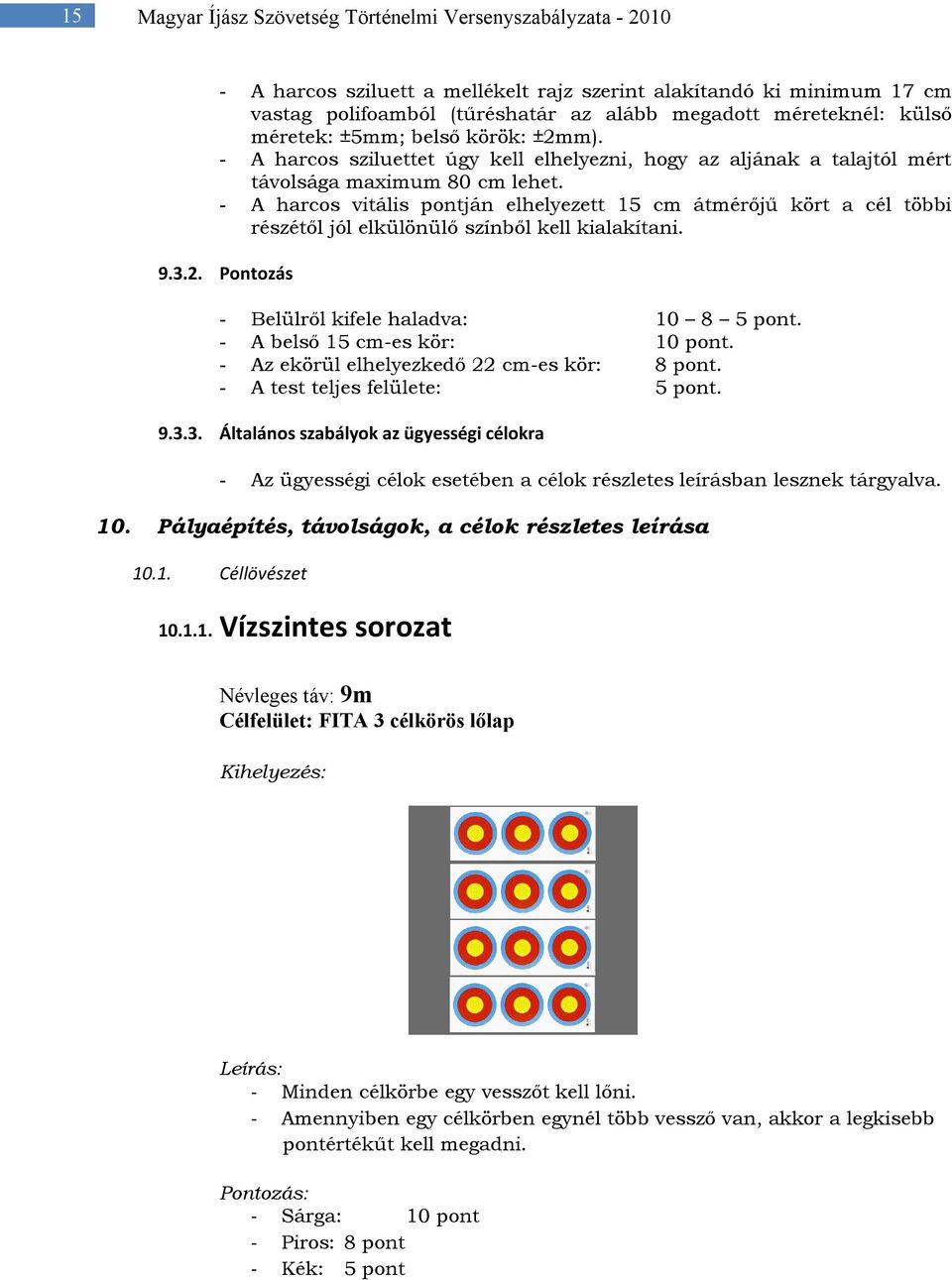 - A harcos vitális pontján elhelyezett 15 cm átmérőjű kört a cél többi részétől jól elkülönülő színből kell kialakítani. 9.3.2. Pontozás - Belülről kifele haladva: 10 8 5 pont.