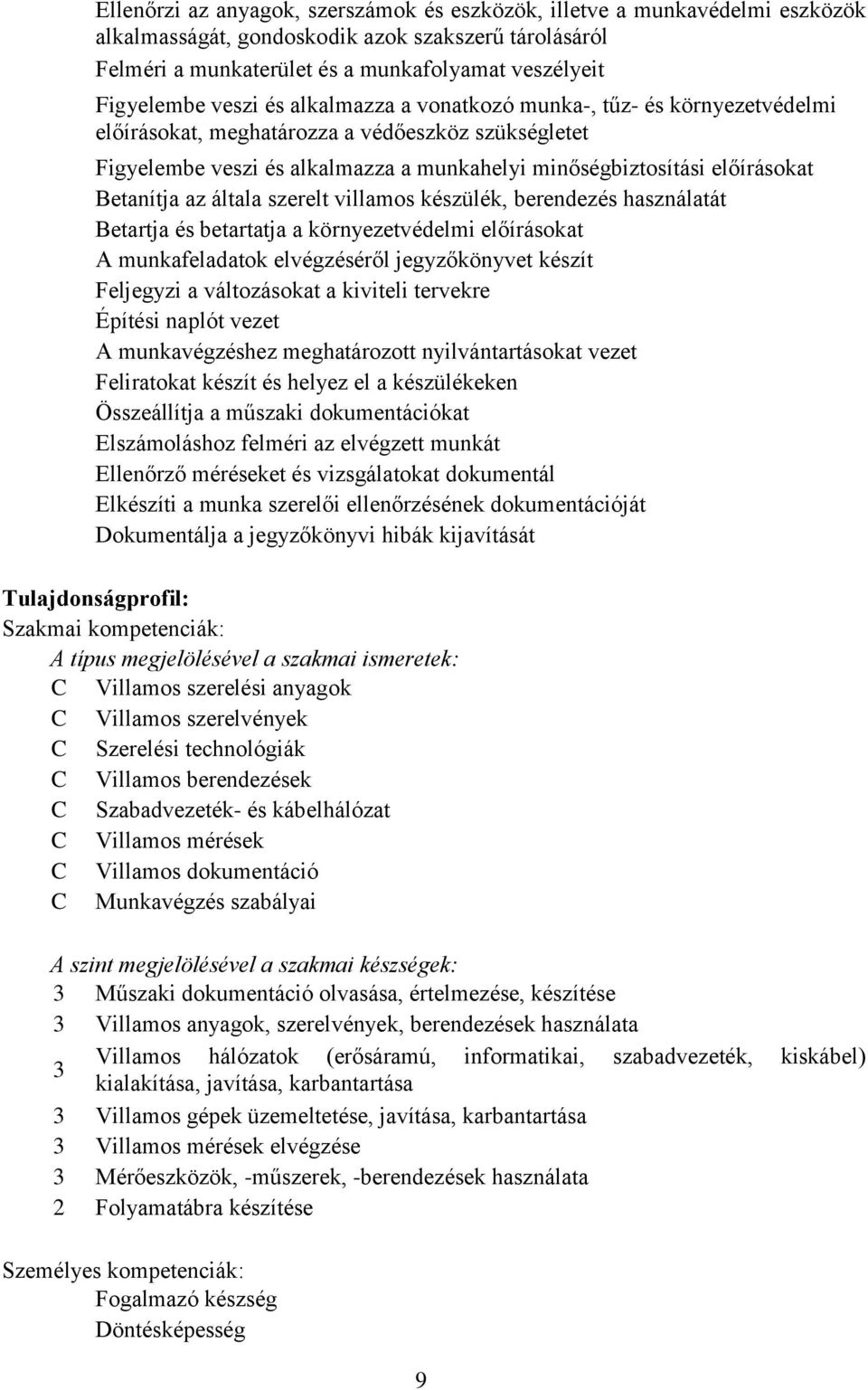 Betanítja az általa szerelt villamos készülék, berendezés használatát Betartja és betartatja a környezetvédelmi előírásokat A munkafeladatok elvégzéséről jegyzőkönyvet készít Feljegyzi a változásokat