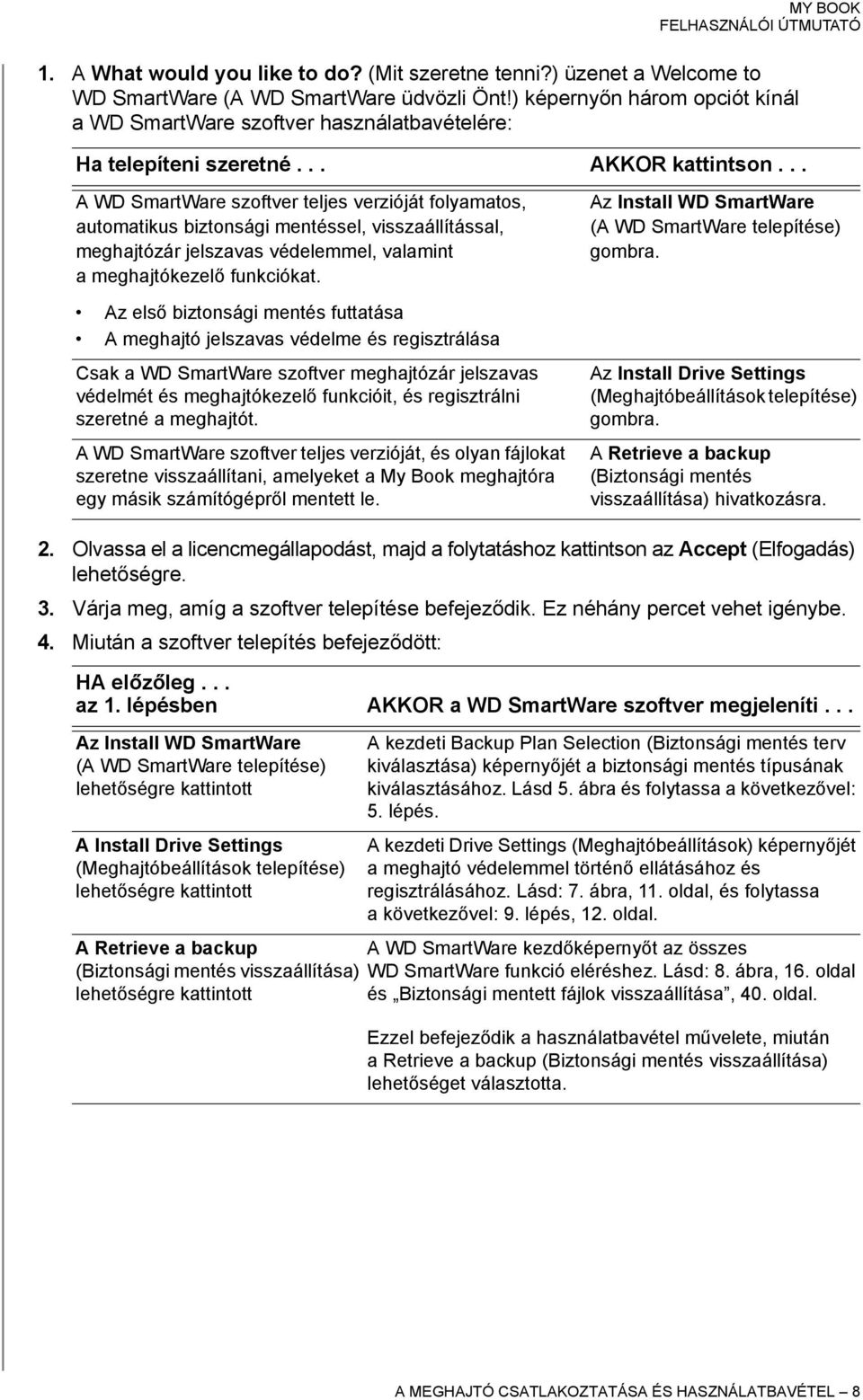 .. A WD SmartWare szoftver teljes verzióját folyamatos, automatikus biztonsági mentéssel, visszaállítással, meghajtózár jelszavas védelemmel, valamint a meghajtókezelő funkciókat.