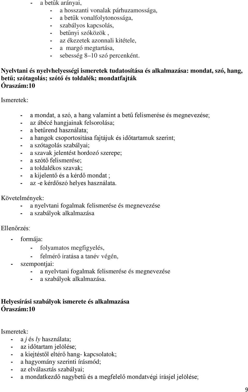 Nyelvtani és nyelvhelyességi ismeretek tudatosítása és alkalmazása: mondat, szó, hang, betű; szótagolás; szótő és toldalék; mondatfajták Óraszám:10 - a mondat, a szó, a hang valamint a betű