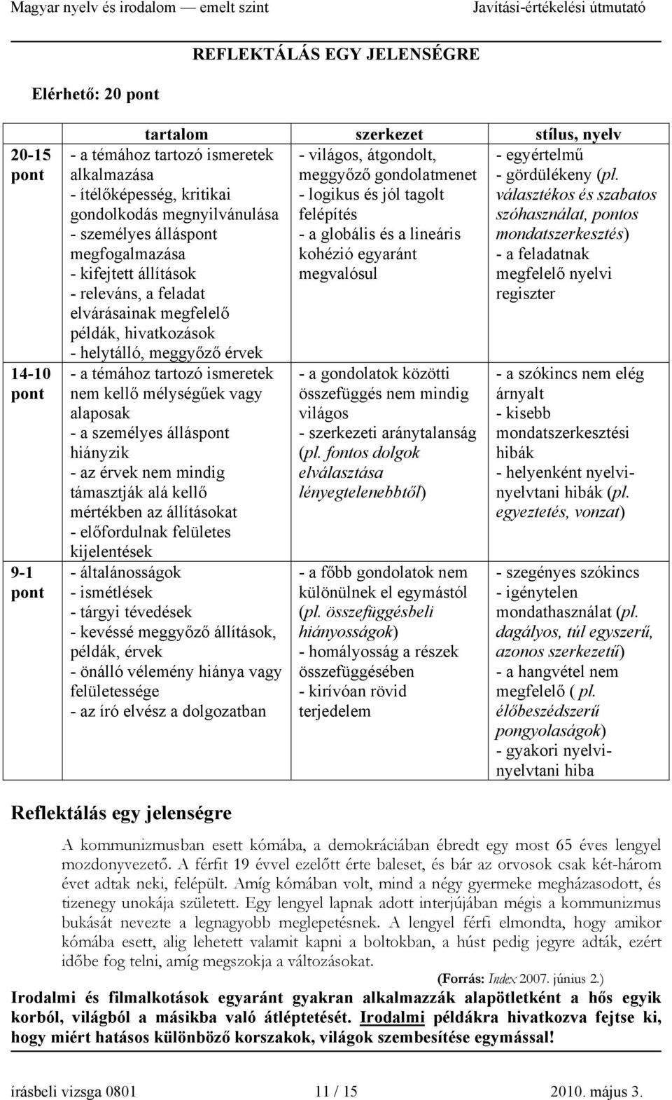 feladat elvárásainak megfelelő példák, hivatkozások - helytálló, meggyőző érvek - a témához tartozó ismeretek nem kellő mélységűek vagy alaposak - a személyes állás hiányzik - az érvek nem mindig