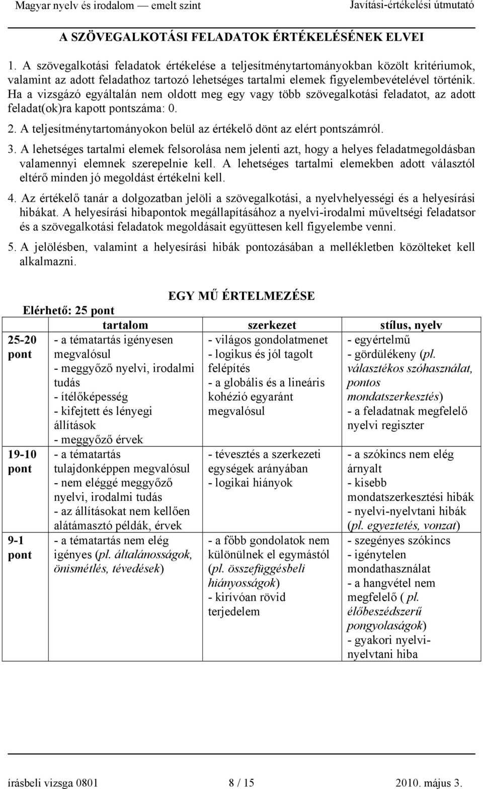 Ha a vizsgázó egyáltalán nem oldott meg egy vagy több szövegalkotási feladatot, az adott feladat(ok)ra kapott száma: 0. 2. A teljesítménytartományokon belül az értékelő dönt az elért számról. 3.