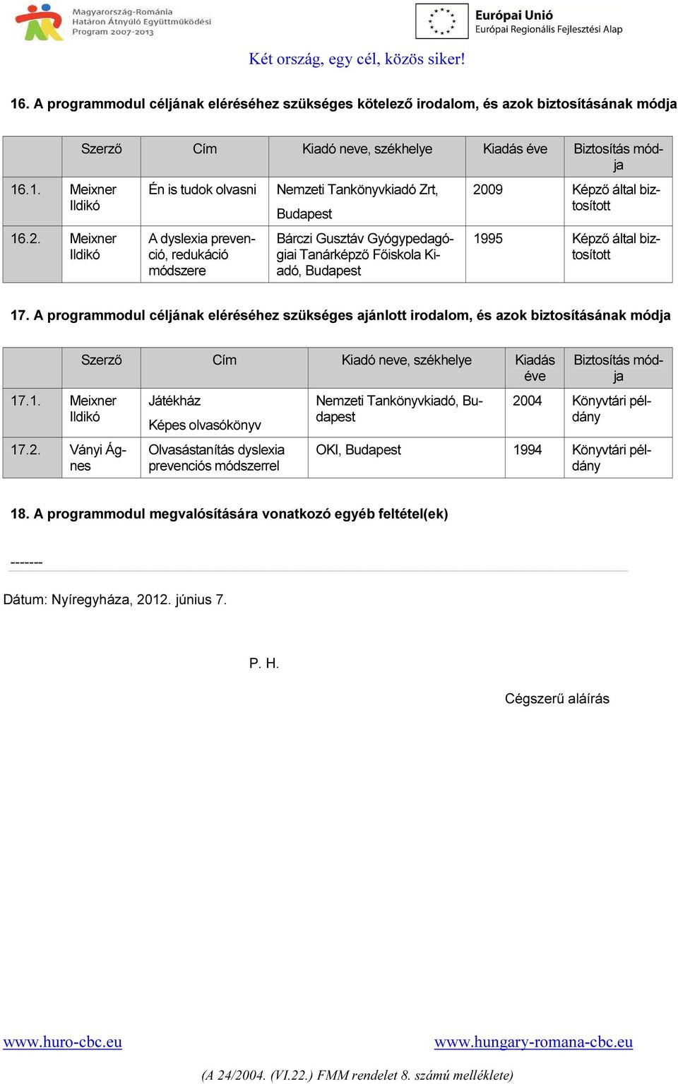 Gyógypedagógiai Tanárképző Főiskola Kiadó, Budapest 2009 Képző által biztosított 1995 Képző által biztosított 17.