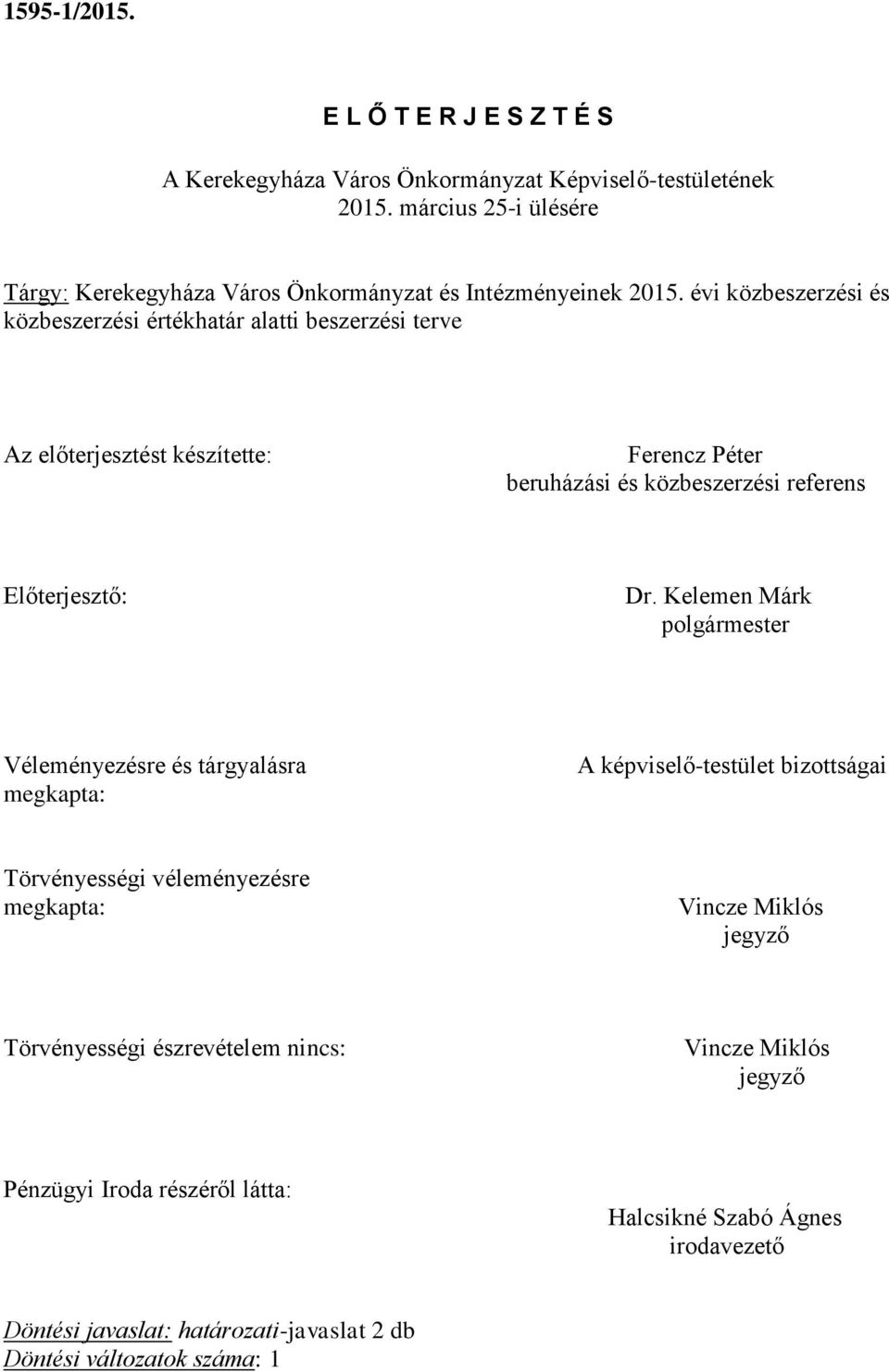 Dr. Kelemen Márk polgármester Véleményezésre és tárgyalásra megkapta: A képviselőtestület bizottságai Törvényességi véleményezésre megkapta: Vincze Miklós jegyző