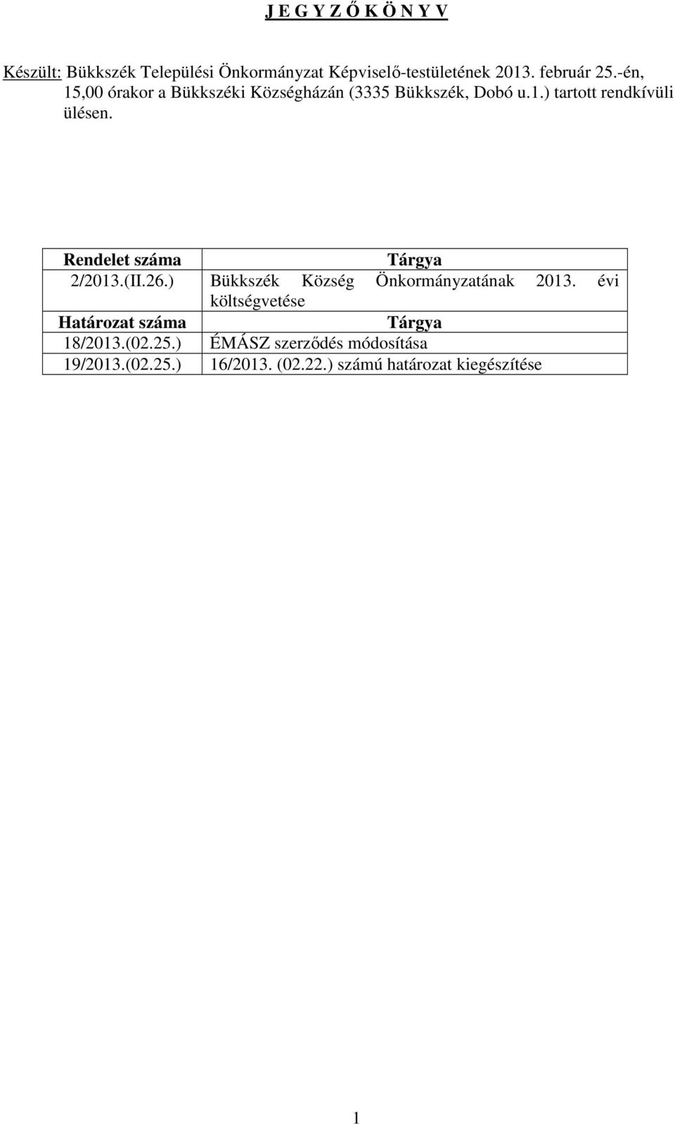 Rendelet száma Tárgya 2/2013.(II.26.) Bükkszék Község Önkormányzatának 2013.