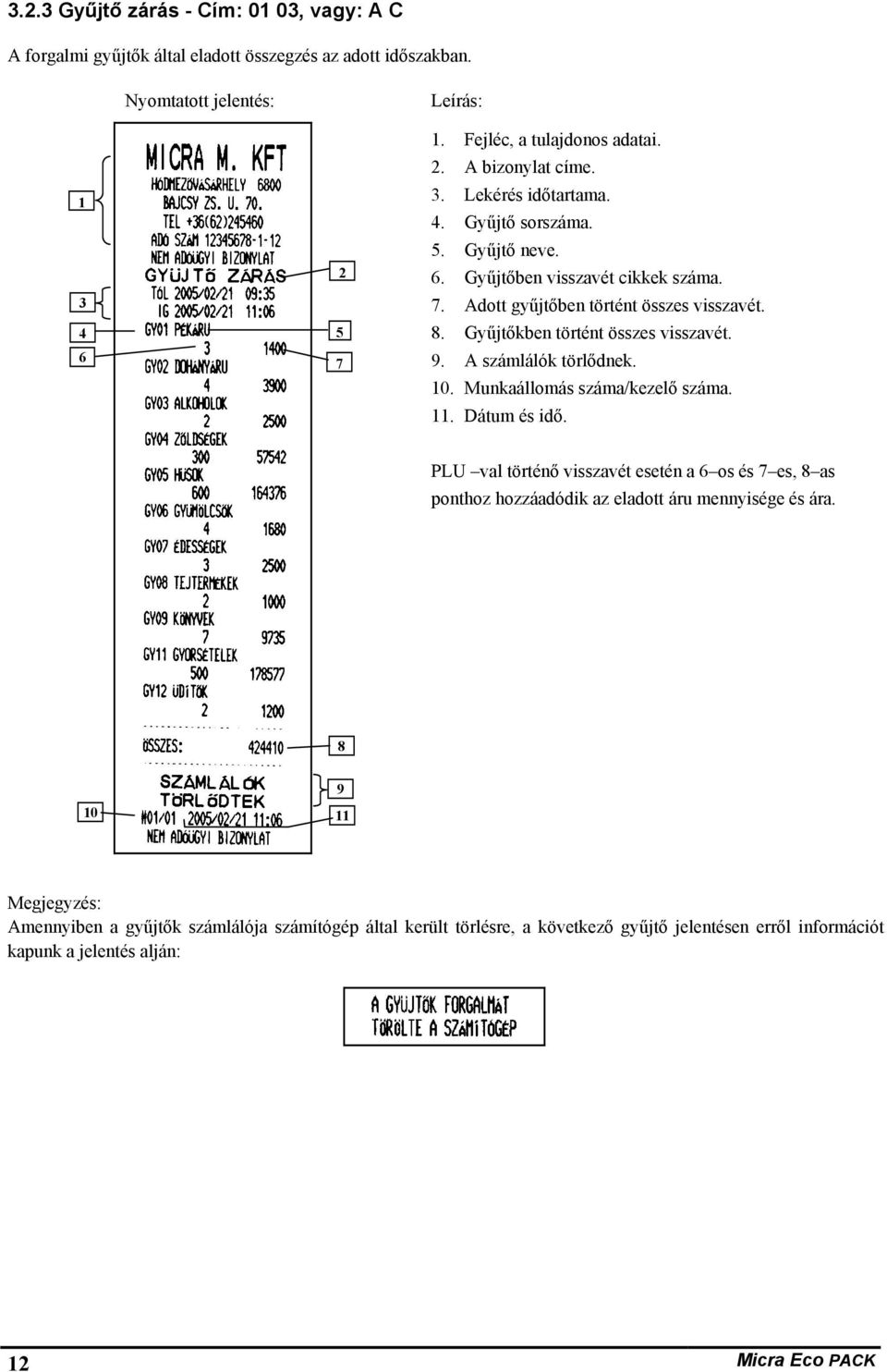 A számlálók törlődnek. 10. Munkaállomás száma/kezelő száma. 11. Dátum és idő. PLU val történő visszavét esetén a 6 os és 7 es, 8 as ponthoz hozzáadódik az eladott áru mennyisége és ára.