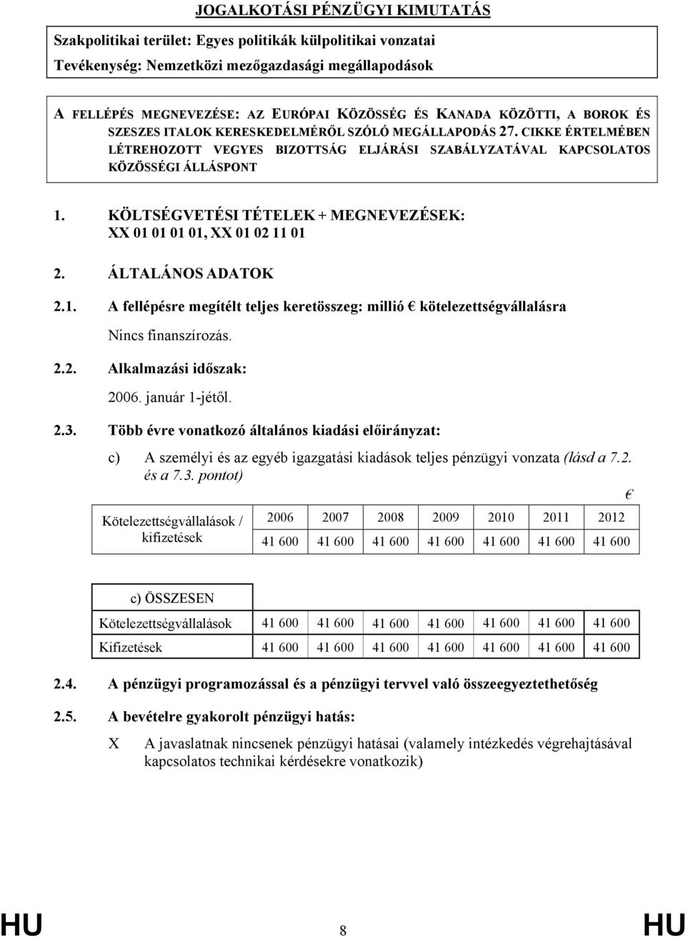 KÖLTSÉGVETÉSI TÉTELEK + MEGNEVEZÉSEK: XX 01 01 01 01, XX 01 02 11 01 2. ÁLTALÁNOS ADATOK 2.1. A fellépésre megítélt teljes keretösszeg: millió kötelezettségvállalásra Nincs finanszírozás. 2.2. Alkalmazási időszak: 2006.