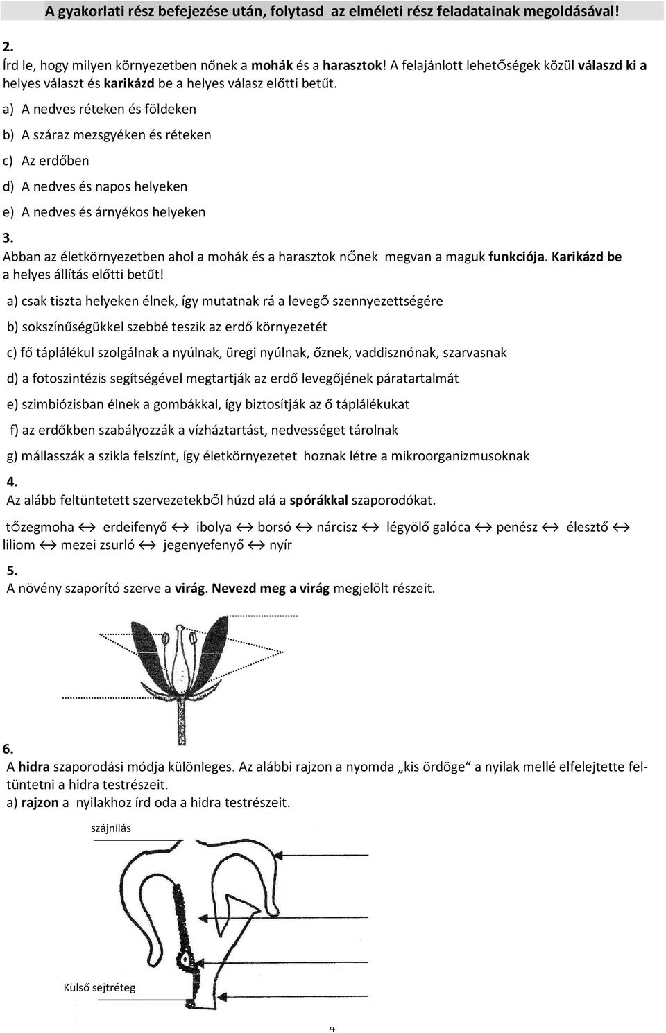 a) A nedves réteken és földeken b) A száraz mezsgyéken és réteken c) Az erdőben d) A nedves és napos helyeken e) A nedves és árnyékos helyeken 3.