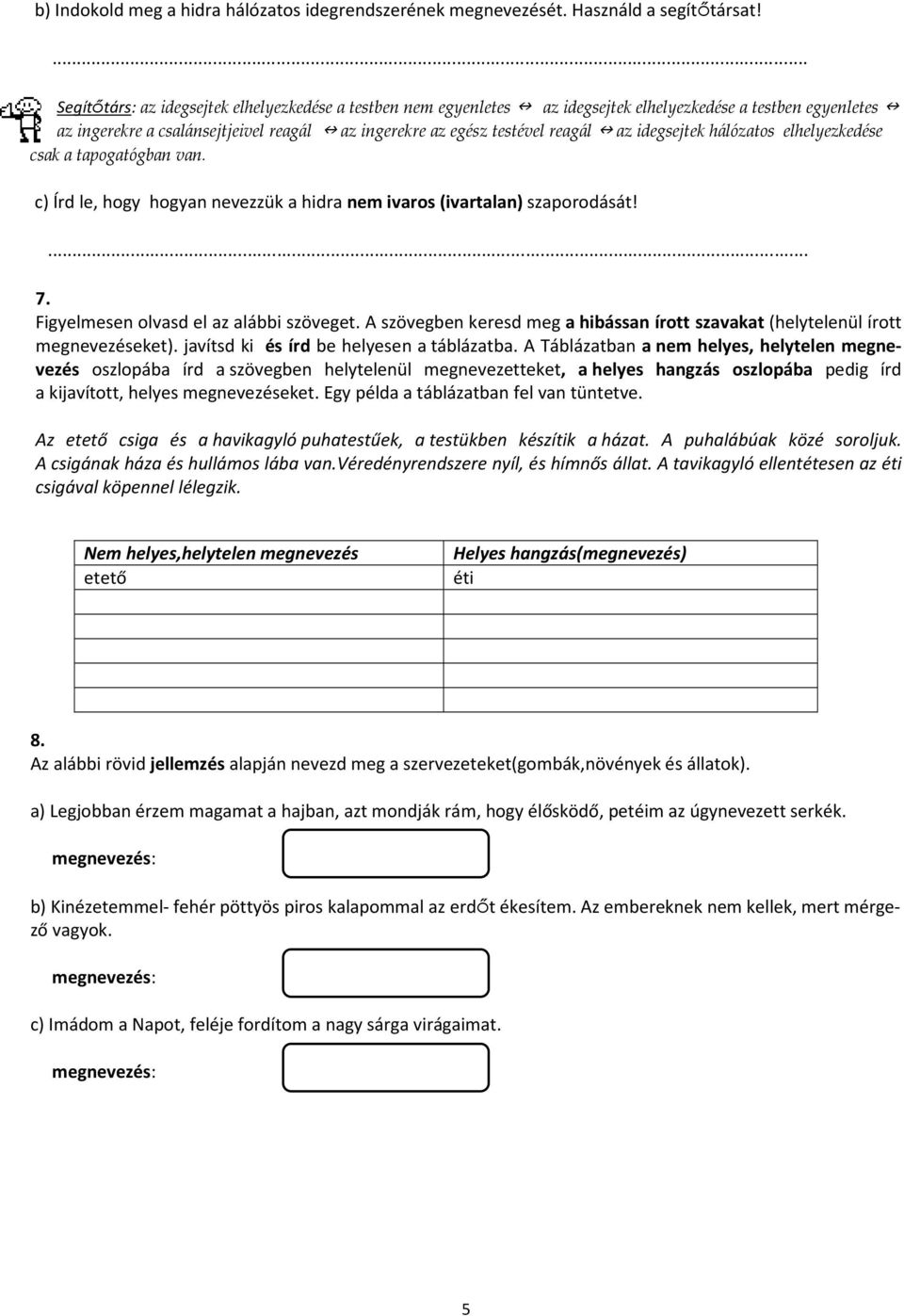 idegsejtek hálózatos elhelyezkedése csak a tapogatógban van. c) Írd le, hogy hogyan nevezzük a hidra nem ivaros (ivartalan) szaporodását!... 7. Figyelmesen olvasd el az alábbi szöveget.