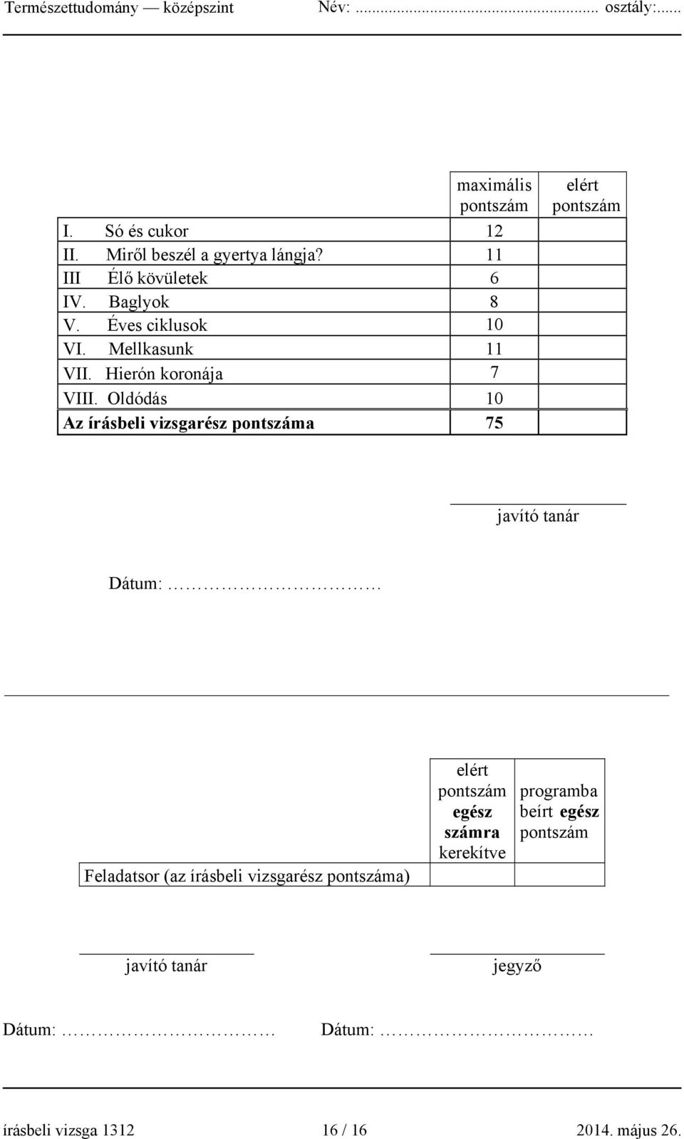 Oldódás 10 Az írásbeli vizsgarész pontszáma 75 elért pontszám javító tanár Dátum: Feladatsor (az írásbeli
