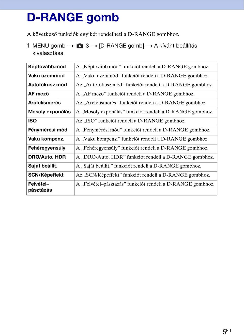 mód funkciót rendeli a D-RANGE gombhoz. A Vaku üzemmód funkciót rendeli a D-RANGE gombhoz. Az Autofókusz mód funkciót rendeli a D-RANGE gombhoz. A AF mező funkciót rendeli a D-RANGE gombhoz.