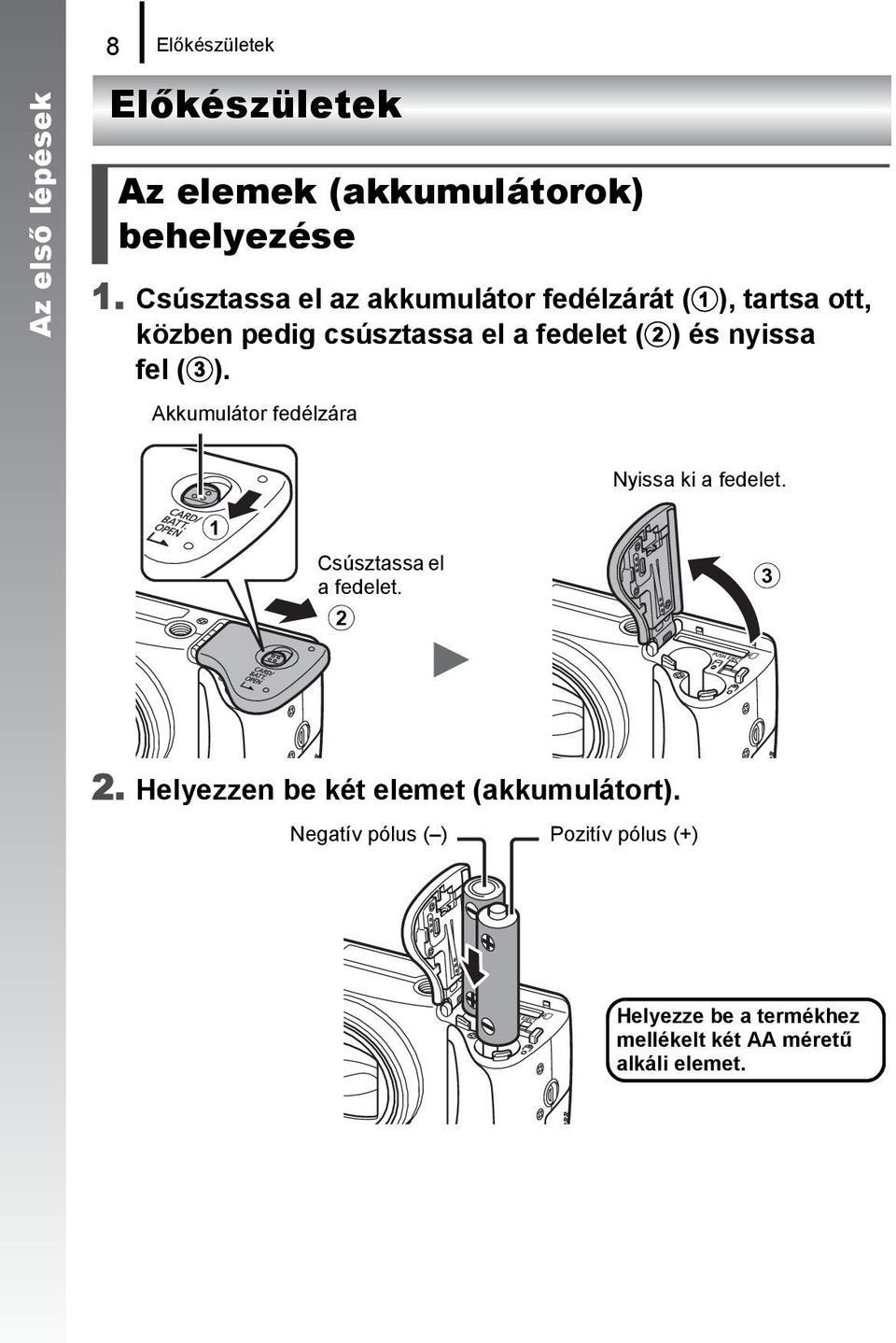 nyissa fel (c). Akkumulátor fedélzára a Csúsztassa el a fedelet. b Nyissa ki a fedelet. c 2.