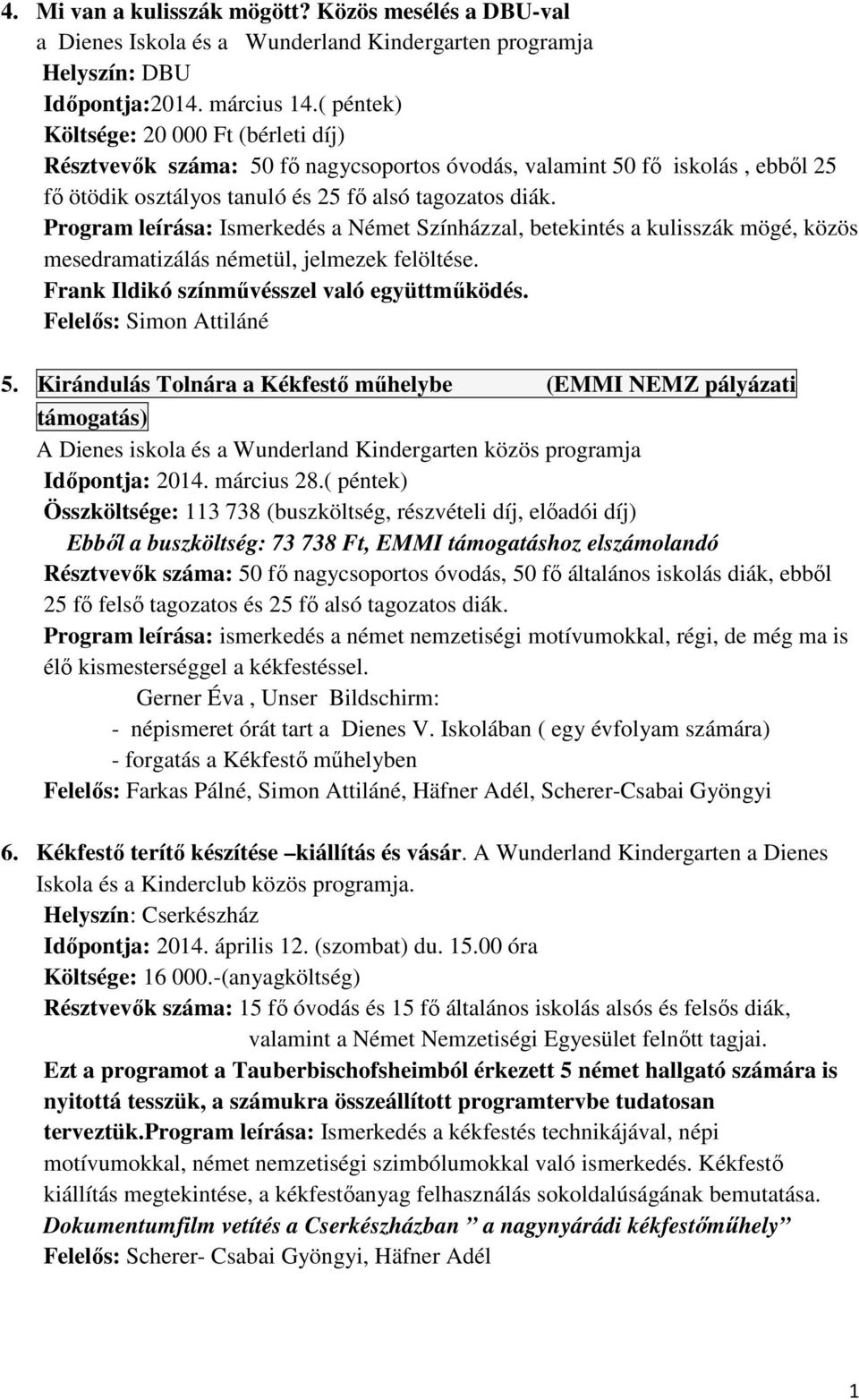 Program leírása: Ismerkedés a Német Színházzal, betekintés a kulisszák mögé, közös mesedramatizálás németül, jelmezek felöltése. Frank Ildikó színmővésszel való együttmőködés.