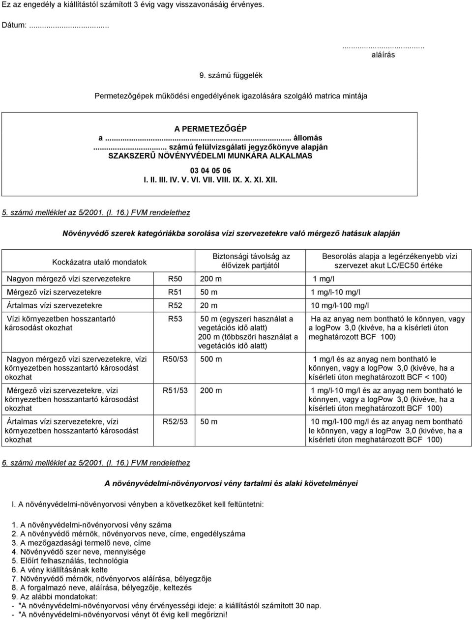.. számú felülvizsgálati jegyzőkönyve alapján SZAKSZERŰ NÖVÉNYVÉDELMI MUNKÁRA ALKALMAS 03 04 05 06 I. II. III. IV. V. VI. VII. VIII. IX. X. XI. XII. 5. számú melléklet az 5/2001. (I. 16.