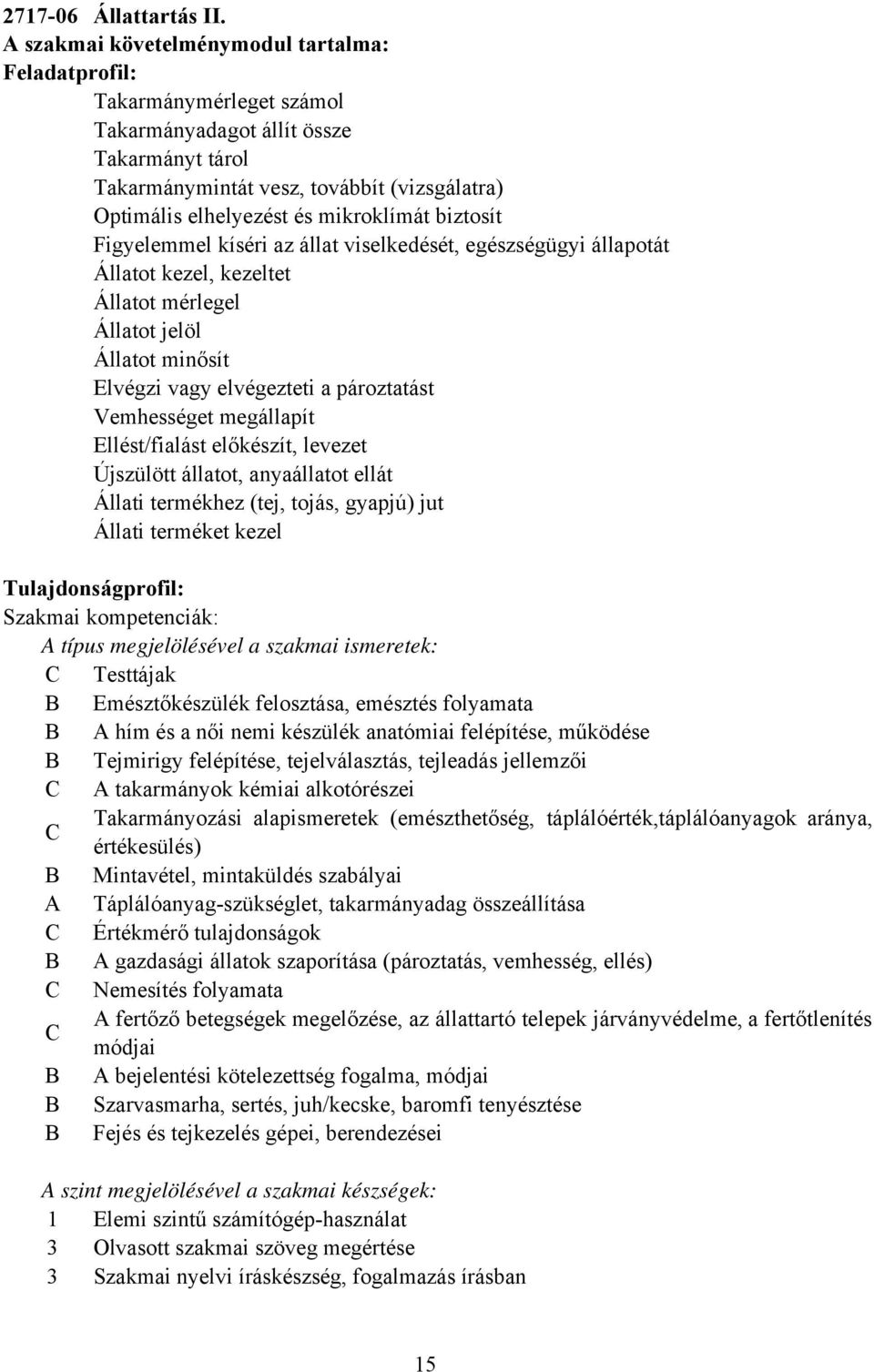 mikroklímát biztosít Figyelemmel kíséri az állat viselkedését, egészségügyi állapotát Állatot kezel, kezeltet Állatot mérlegel Állatot jelöl Állatot minősít Elvégzi vagy elvégezteti a pároztatást