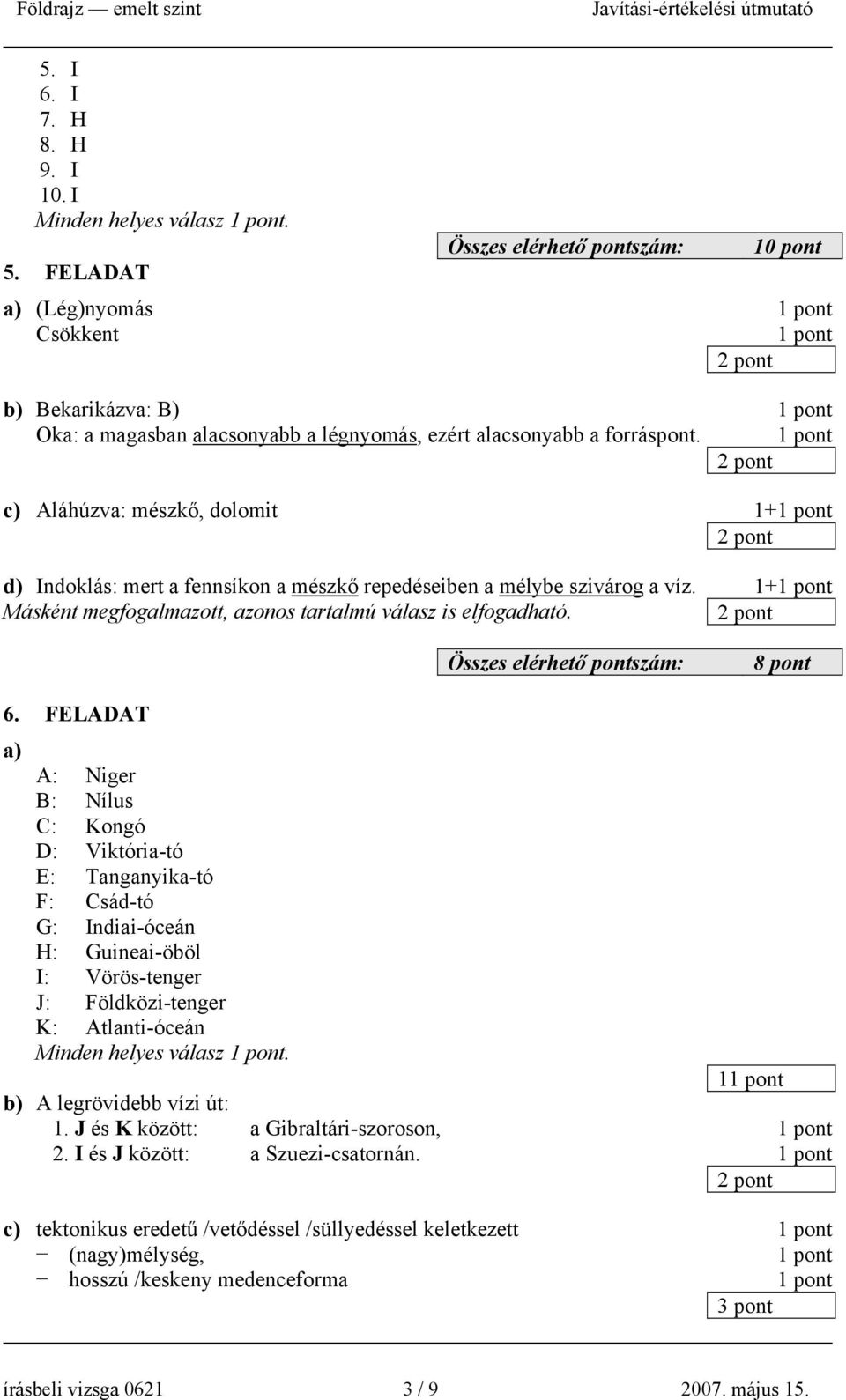 FELADAT A: Niger B: Nílus C: Kongó D: Viktória-tó E: Tanganyika-tó F: Csád-tó G: Indiai-óceán H: Guineai-öböl I: Vörös-tenger J: Földközi-tenger K: Atlanti-óceán Minden helyes válasz.