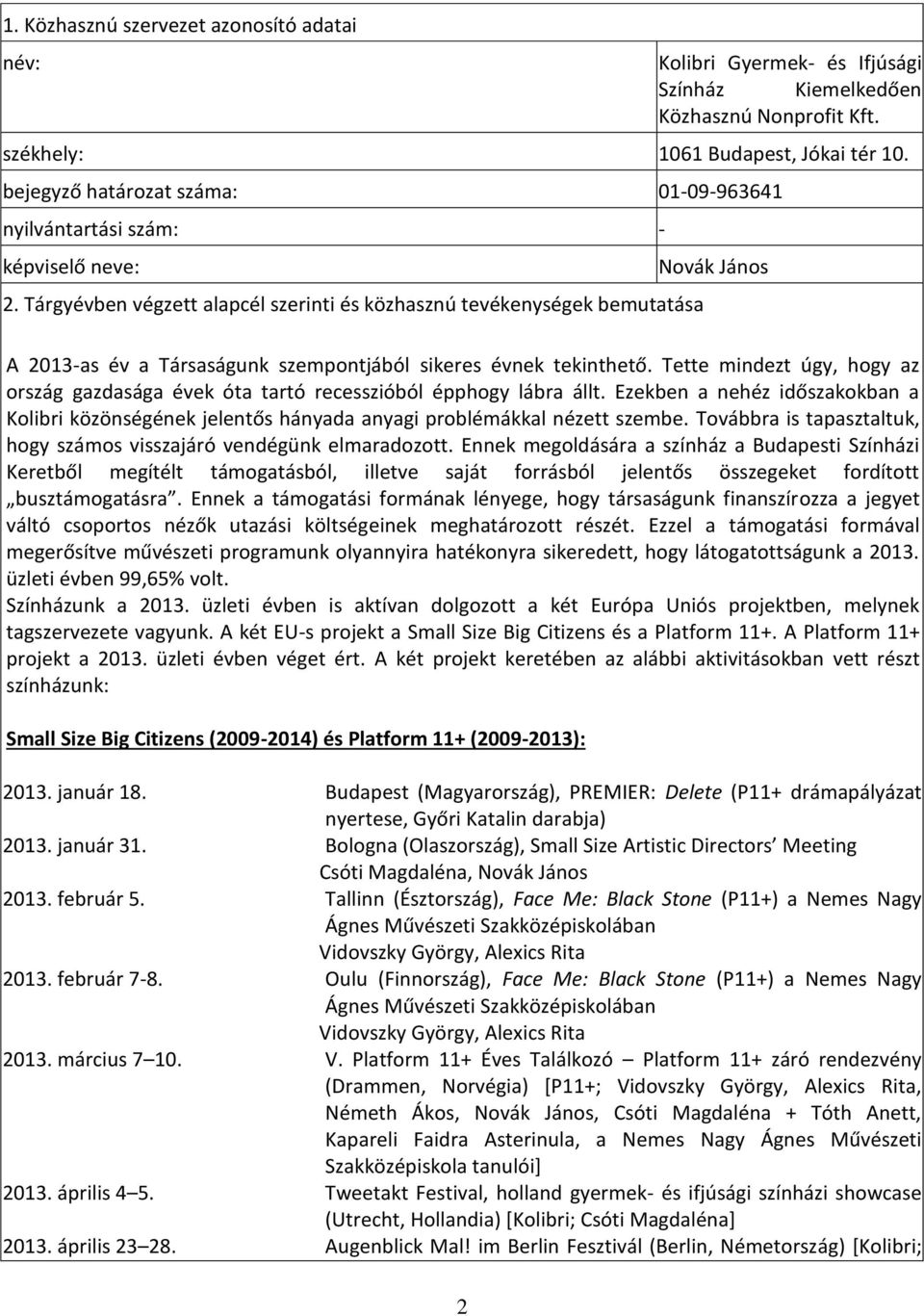 Tárgyévben végzett alapcél szerinti és közhasznú tevékenységek bemutatása Novák János A 2013-as év a Társaságunk szempontjából sikeres évnek tekinthető.