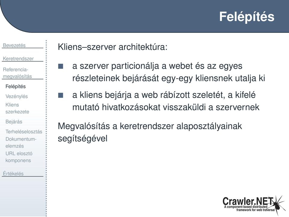 bejárja a web rábízott szeletét, a kifelé mutató hivatkozásokat visszaküldi a szervernek Bejárás