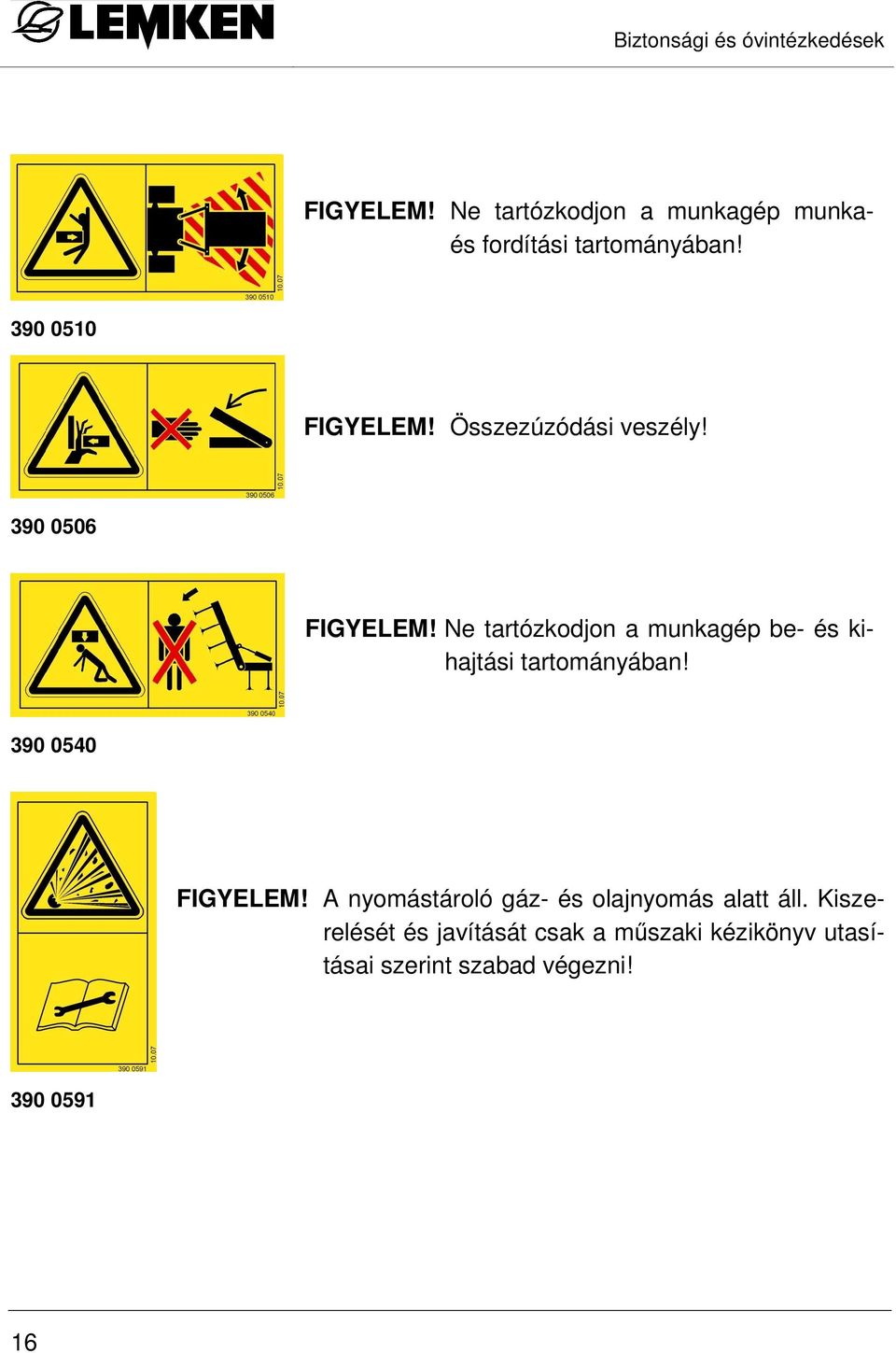 Összezúzódási veszély! 390 0506 FIGYELEM!