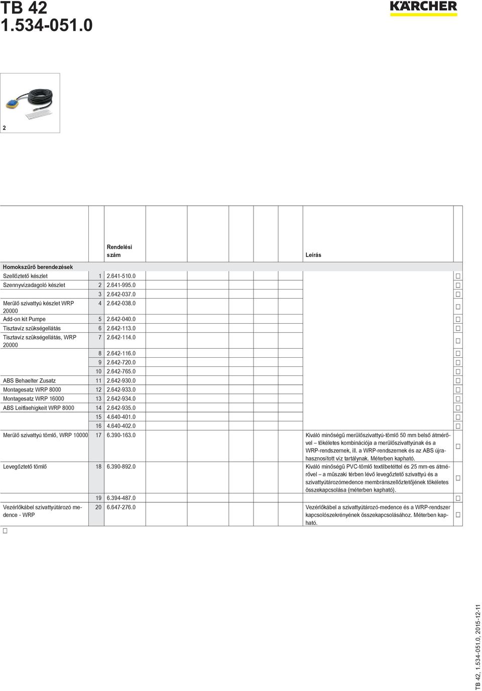 642-933.0 Montagesatz WRP 16000 13 2.642-934.0 ABS Leitfaehigkeit WRP 8000 14 2.642-935.0 15 4.640-401.0 16 4.640-402.0 Merülő szivattyú tömlő, WRP 10000 17 6.390-163.
