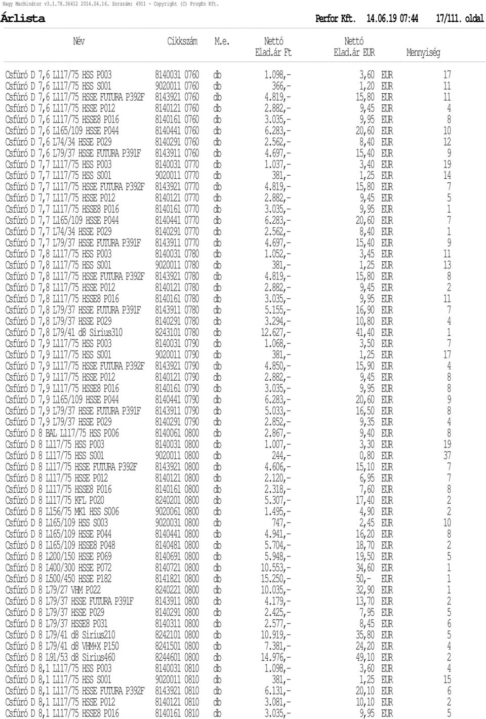 819,- 15,80 EUR 11 Csfúró D 7,6 L117/75 HSSE P012 8140121 0760 db 2.882,- 9,45 EUR 4 Csfúró D 7,6 L117/75 HSSE8 P016 8140161 0760 db 3.