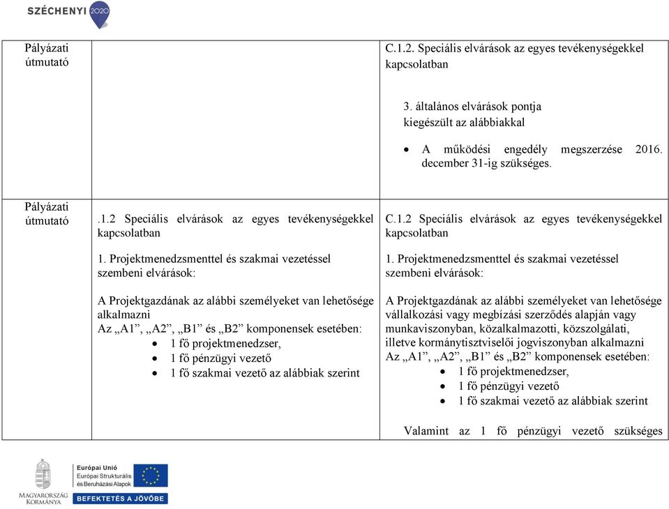 pénzügyi vezető 1 fő szakmai vezető az alábbiak szerint C.1.2 Speciális elvárások az egyes tevékenységekkel kapcsolatban 1.