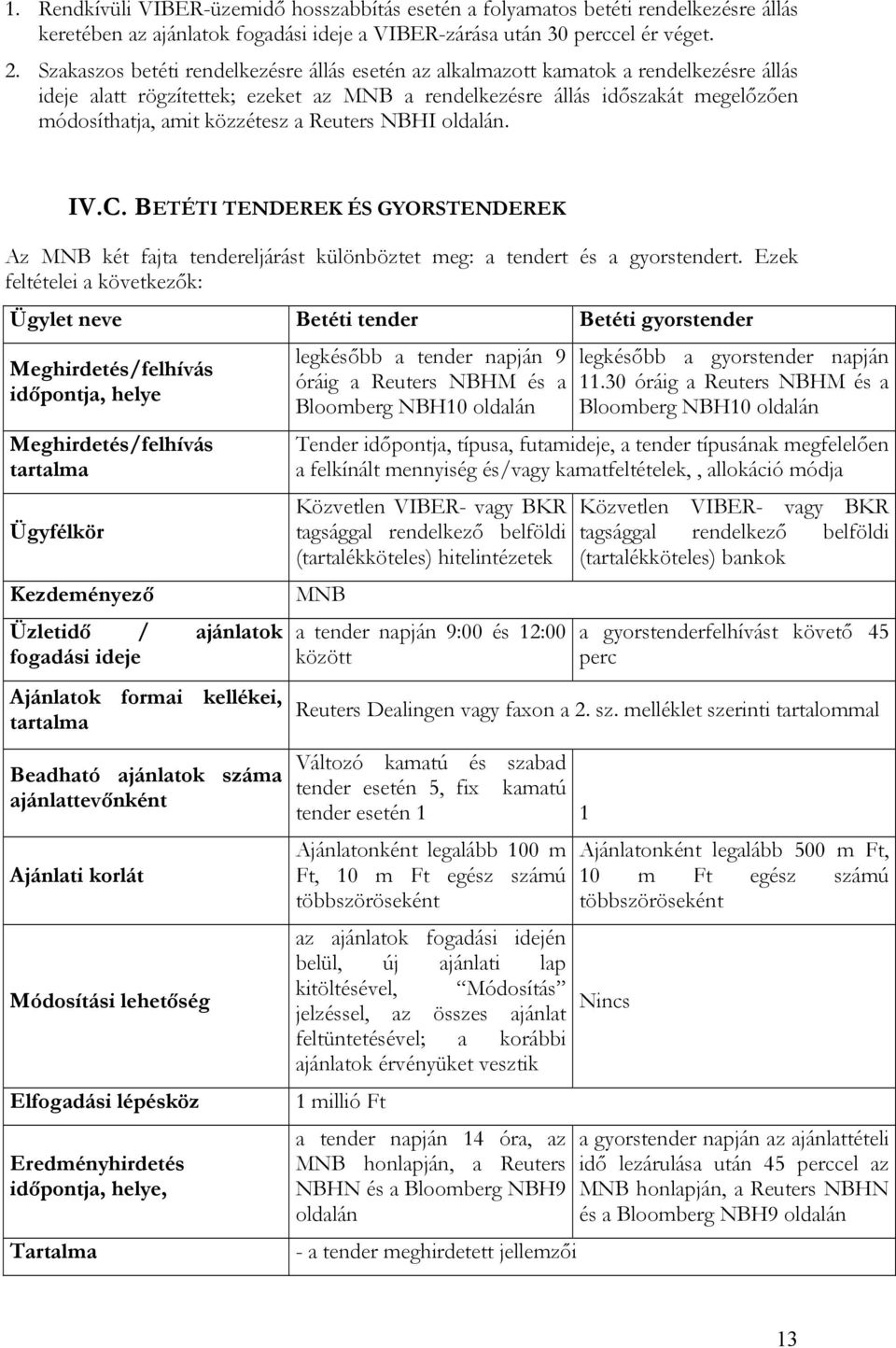 a Reuters NBHI oldalán. IV.C. BETÉTI TENDEREK ÉS GYORSTENDEREK Az MNB két fajta tendereljárást különböztet meg: a tendert és a gyorstendert.