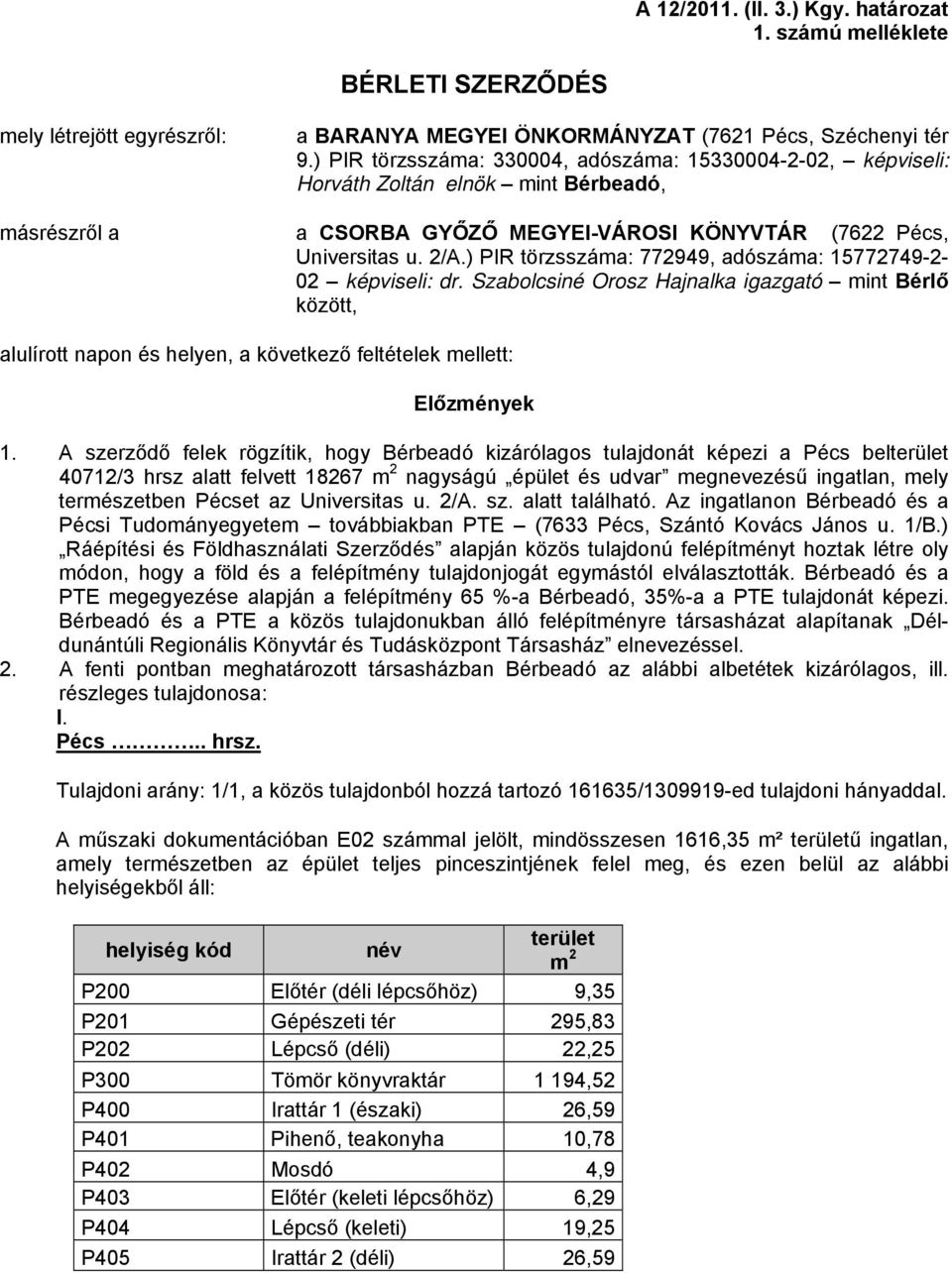 ) PIR törzsszáma: 772949, adószáma: 15772749-2- 02 képviseli: dr. Szabolcsiné Orosz Hajnalka igazgató mint Bérlő között, alulírott napon és helyen, a következő feltételek mellett: Előzmények 1.