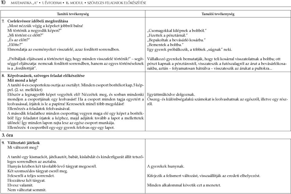 segítséggel eljátszatja: nemcsak fordított sorrendben, hanem az egyes történéseknek is a fordítottját. 8. Képolvasások, szöveges feladat előkészítése Mit mond a kép?