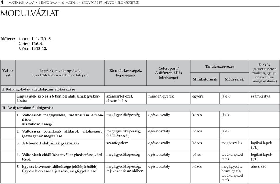 (mellékletben: a feladatok, gyűjtemények, tananyagtartalmak) I. Ráhangolódás, a feldolgozás előkészítése Kapusjáték az 5 és a 6 bontott alakjainak gyakorlására II. Az új tartalom feldolgozása 1.