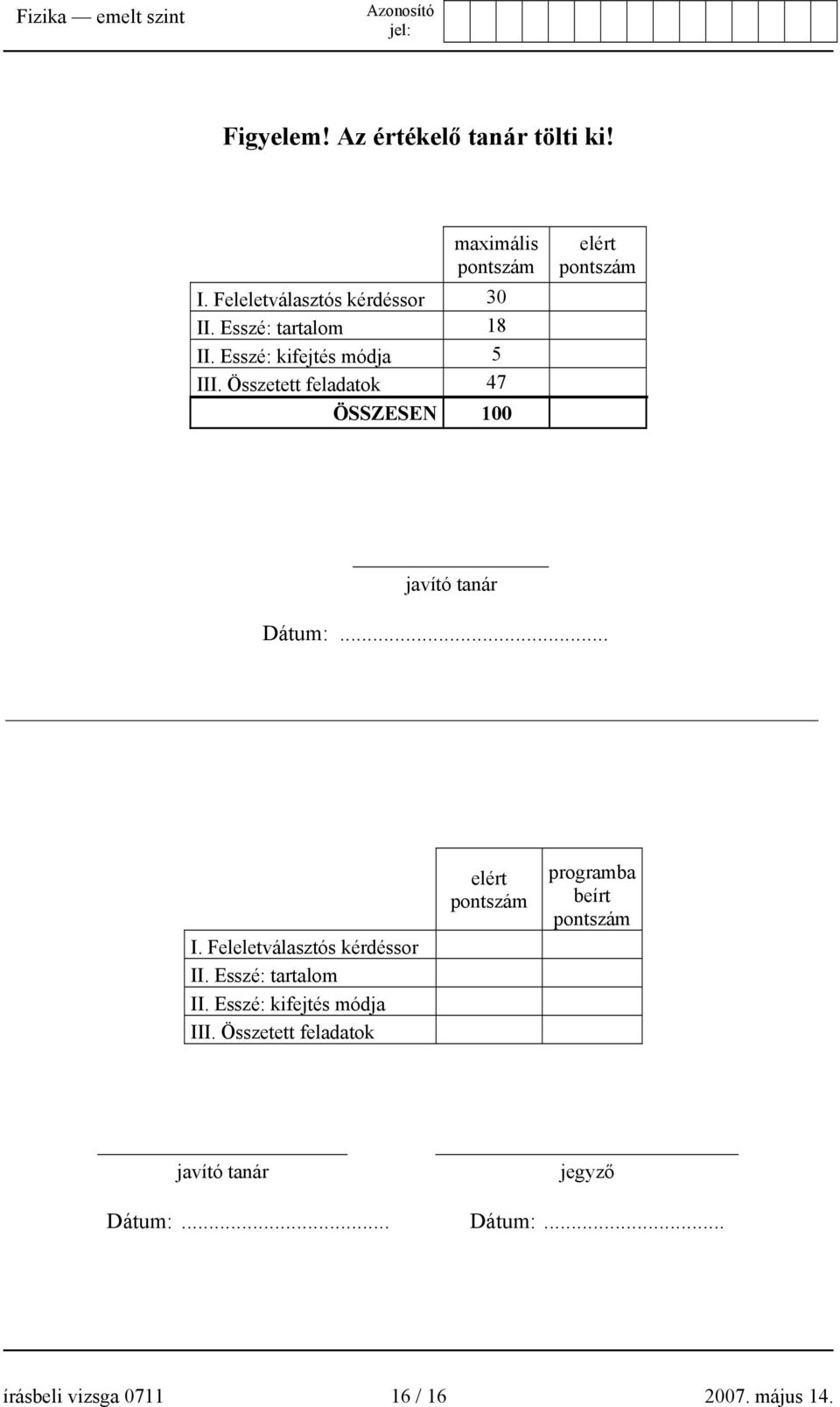 Összetett feladatok 47 ÖSSZESEN 100 elért pontszám javító tanár Dátum:... I. Feleletválasztós kérdéssor II.