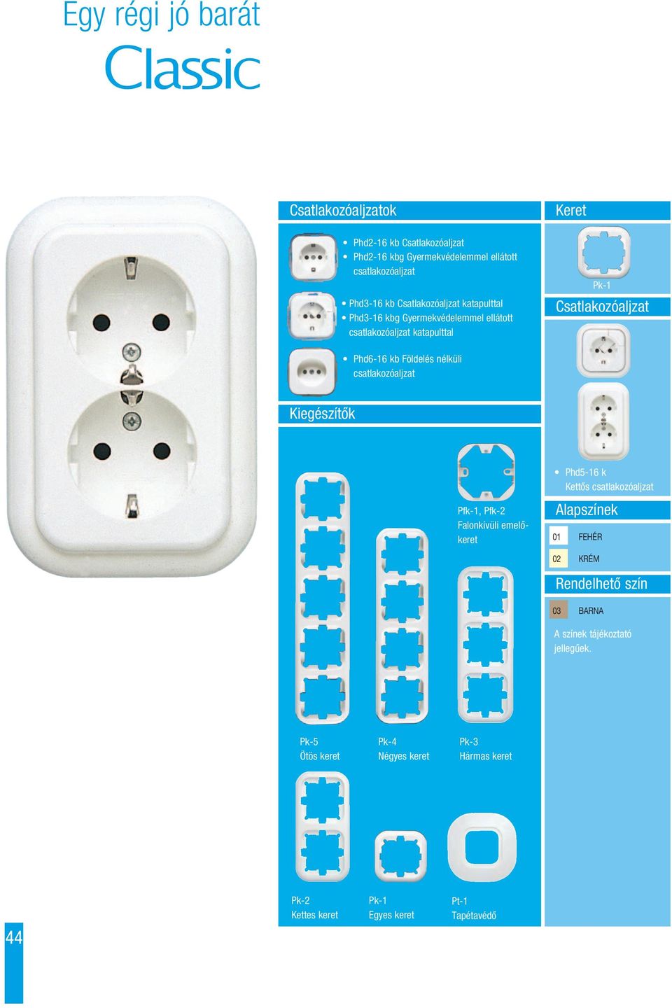 csatlakozóaljzat Kiegészítôk Phd5-16 k Kettôs csatlakozóaljzat Alapszínek Pfk-1, Pfk-2 Falonkívüli emelôkeret 01 FEHÉR 02 KRÉM