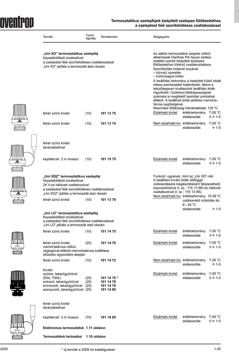 kivitel (0) 0 3 74 2,30 00 Az alábbi termosztátok adapter nélkül alkalmasak Danfoss RA típusú szelepbetéttel szerelt beépített szelepes fűtőtestekhez történő csatlakoztatásra.