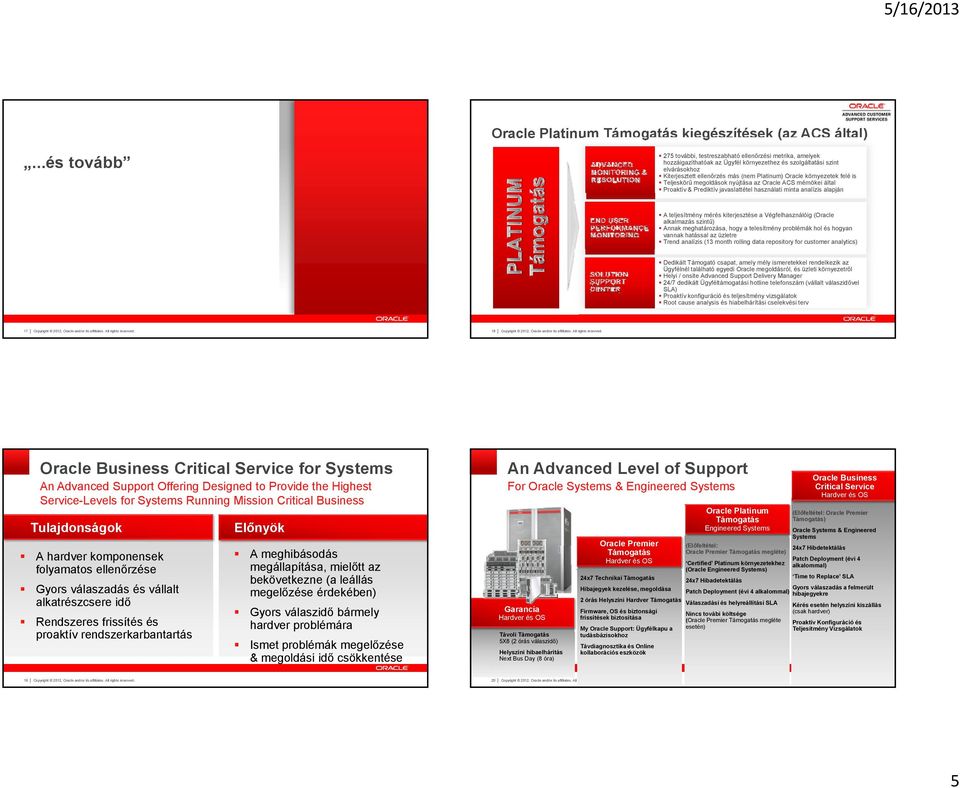 környezetek felé is Teljeskörű megoldások nyújtása az Oracle ACS mérnökei által Proaktív & Prediktív javaslattétel használati minta analízis alapján A teljesítmény mérés kiterjesztése a