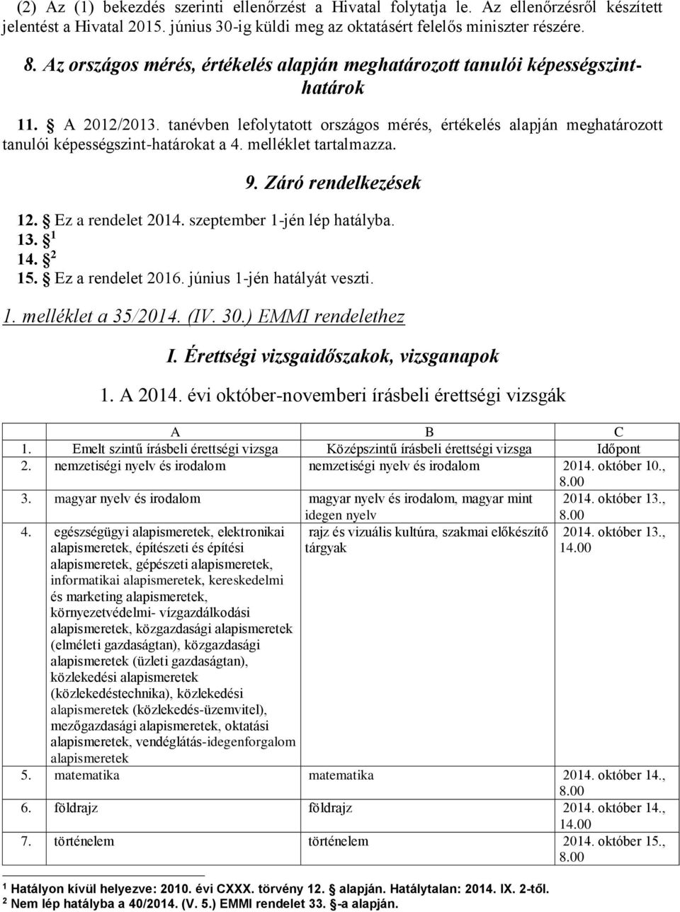 tanévben lefolytatott országos mérés, értékelés alapján meghatározott tanulói képességszint-határokat a 4. melléklet tartalmazza. 9. Záró rendelkezések 12. Ez a rendelet 2014.