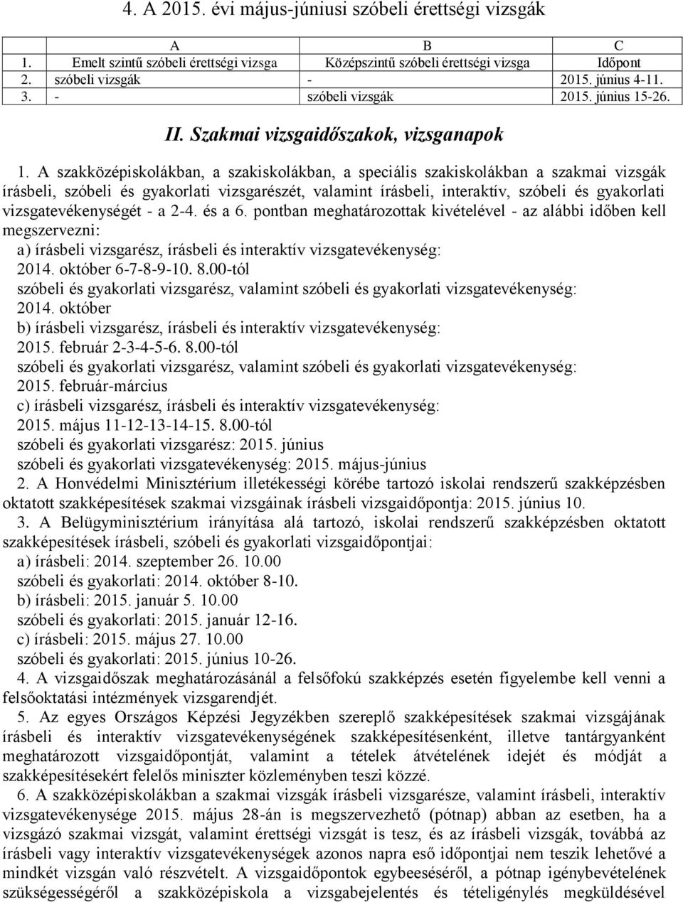 A szakközépiskolákban, a szakiskolákban, a speciális szakiskolákban a szakmai vizsgák írásbeli, szóbeli és gyakorlati vizsgarészét, valamint írásbeli, interaktív, szóbeli és gyakorlati